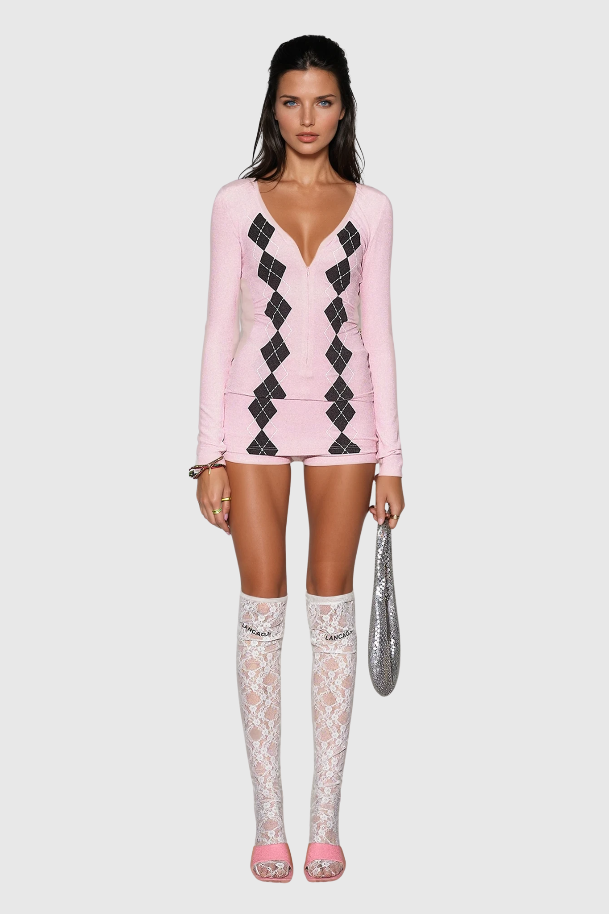 Wafaa Diamond Grid Long Sleeve Pants Set