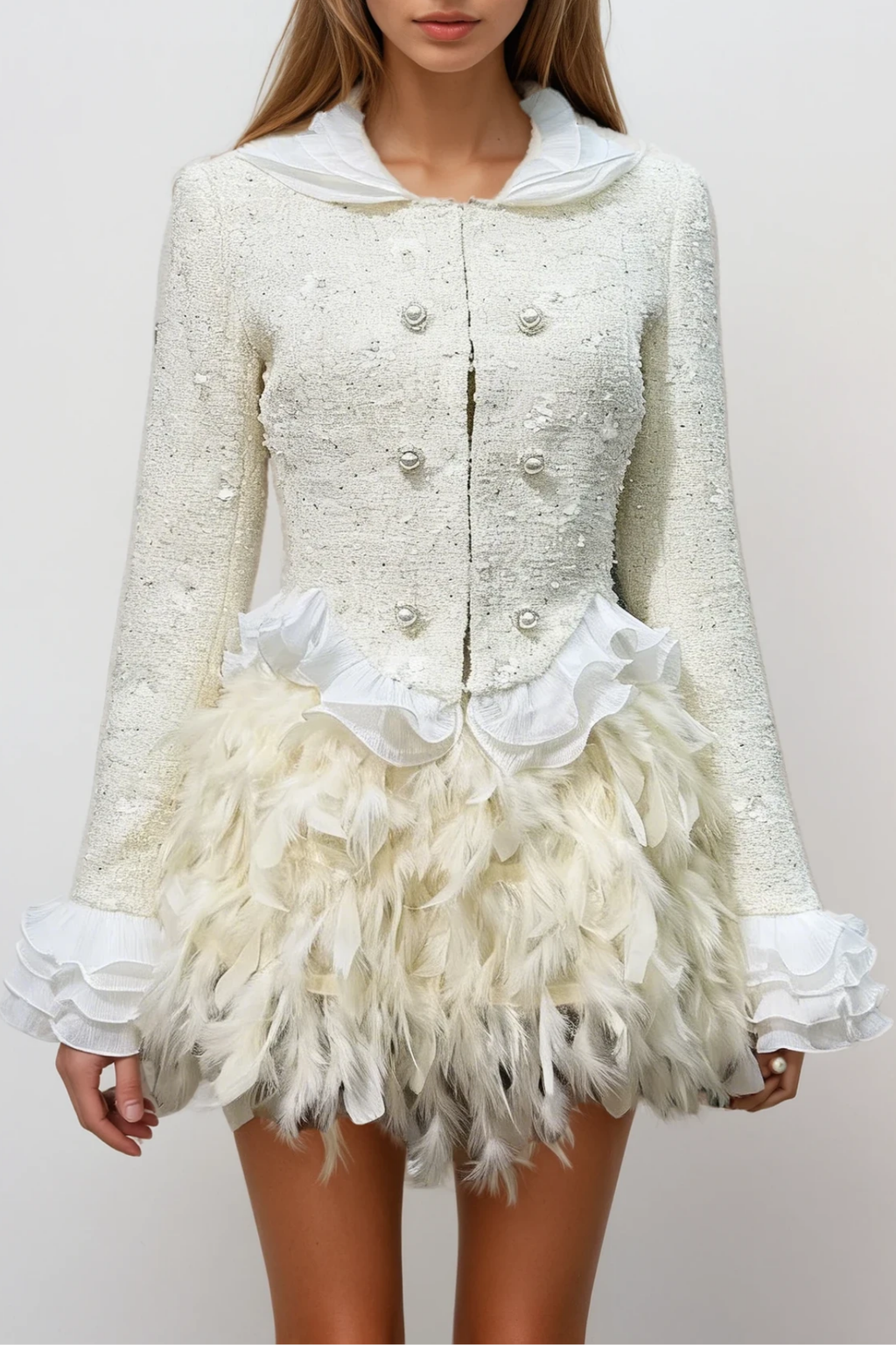 Dona Feather Ruffle Tweed Skirt Set