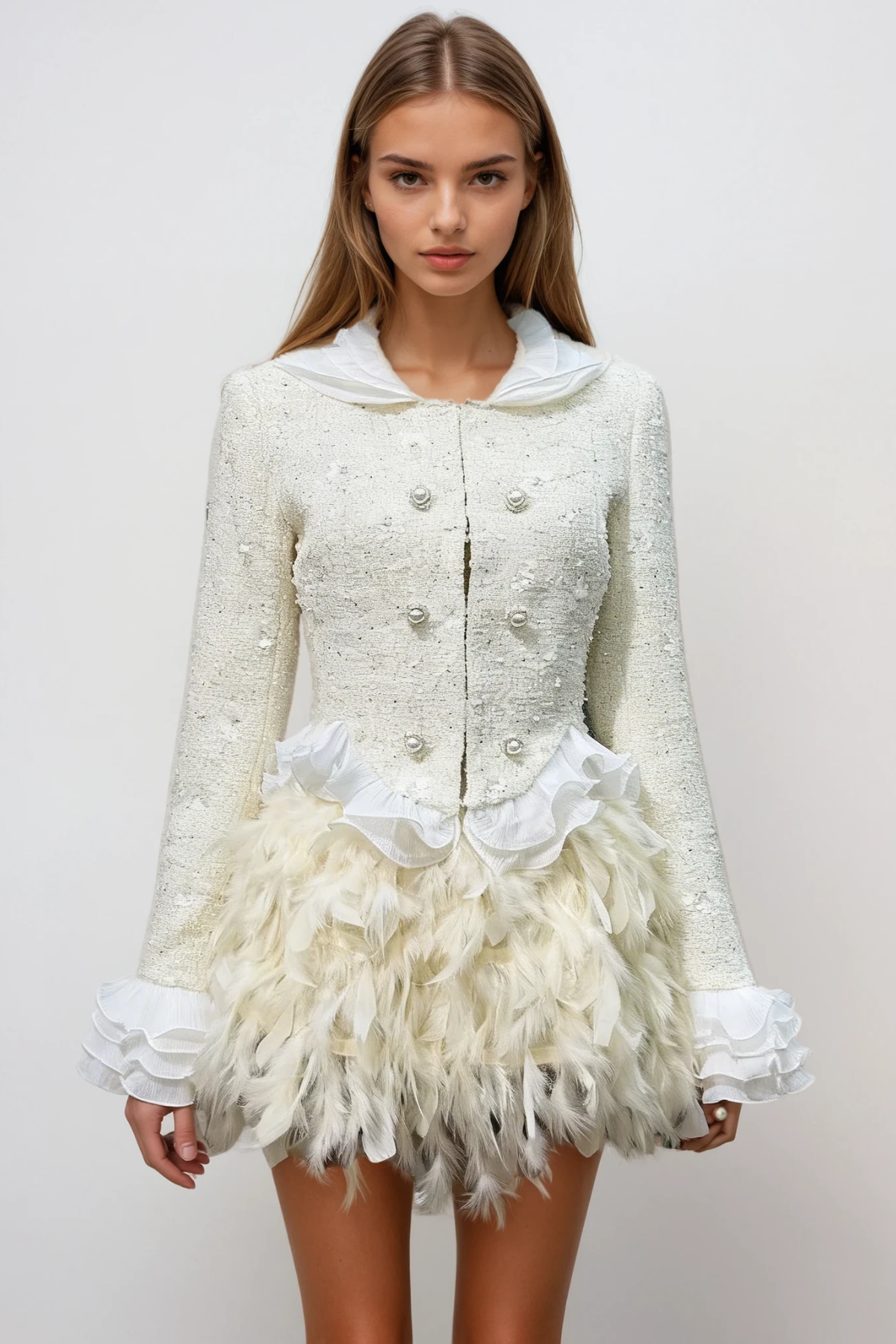 Dona Feather Ruffle Tweed Skirt Set