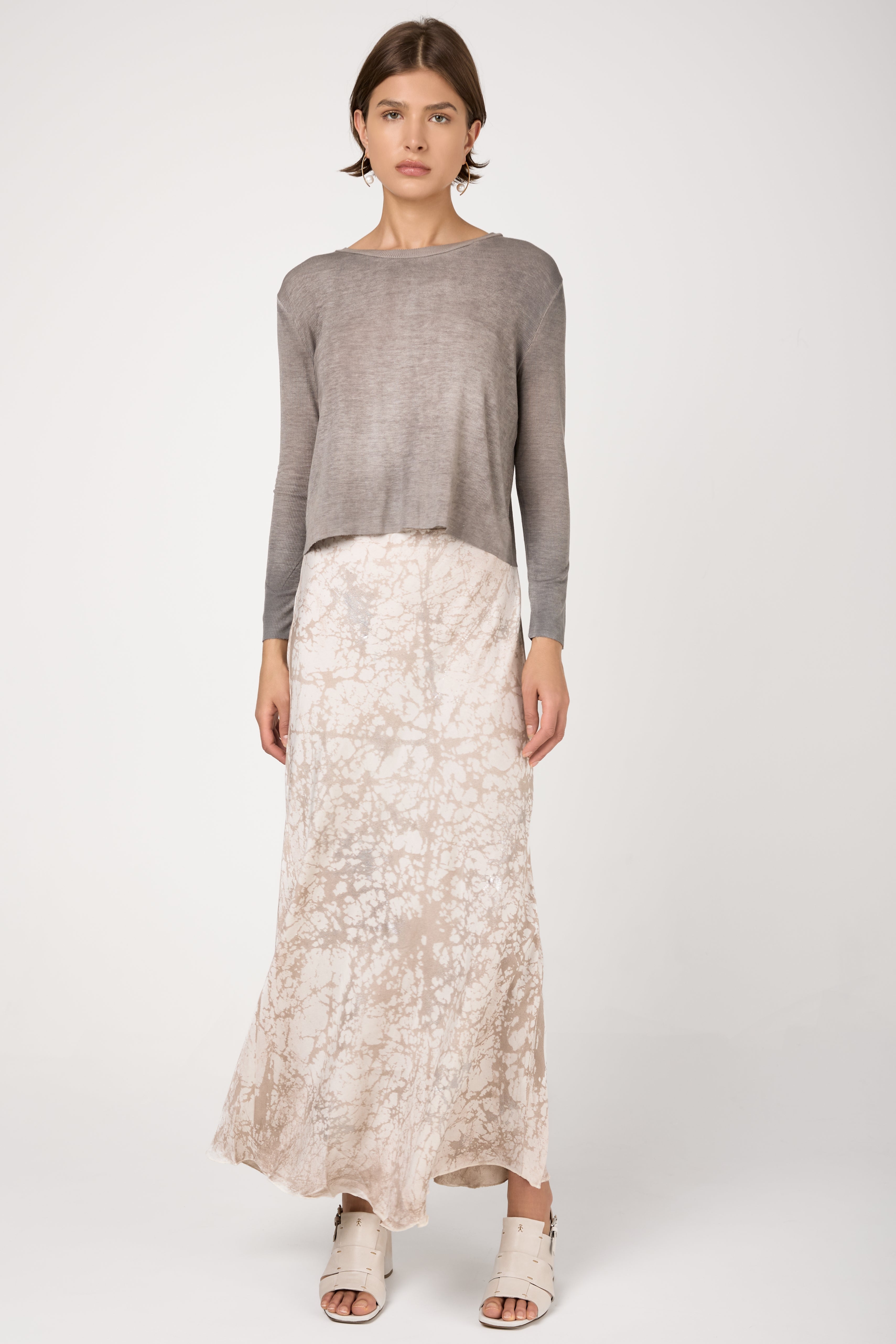 Silk Long Skirt with Lamination in Noce Moscata