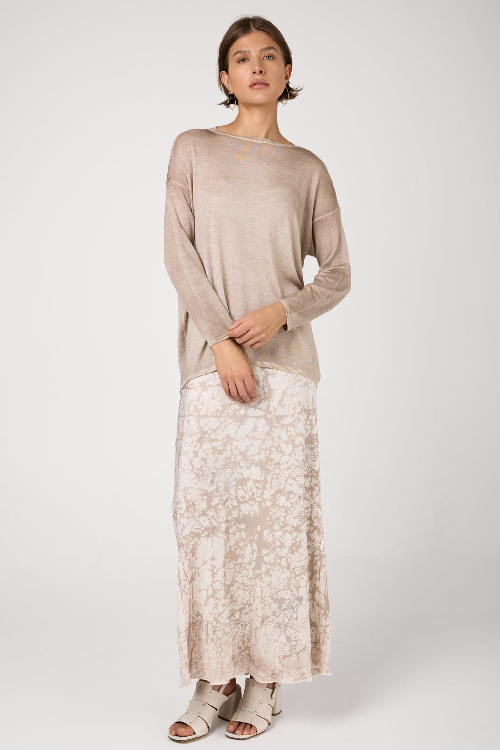 Silk Long Skirt with Lamination in Noce Moscata