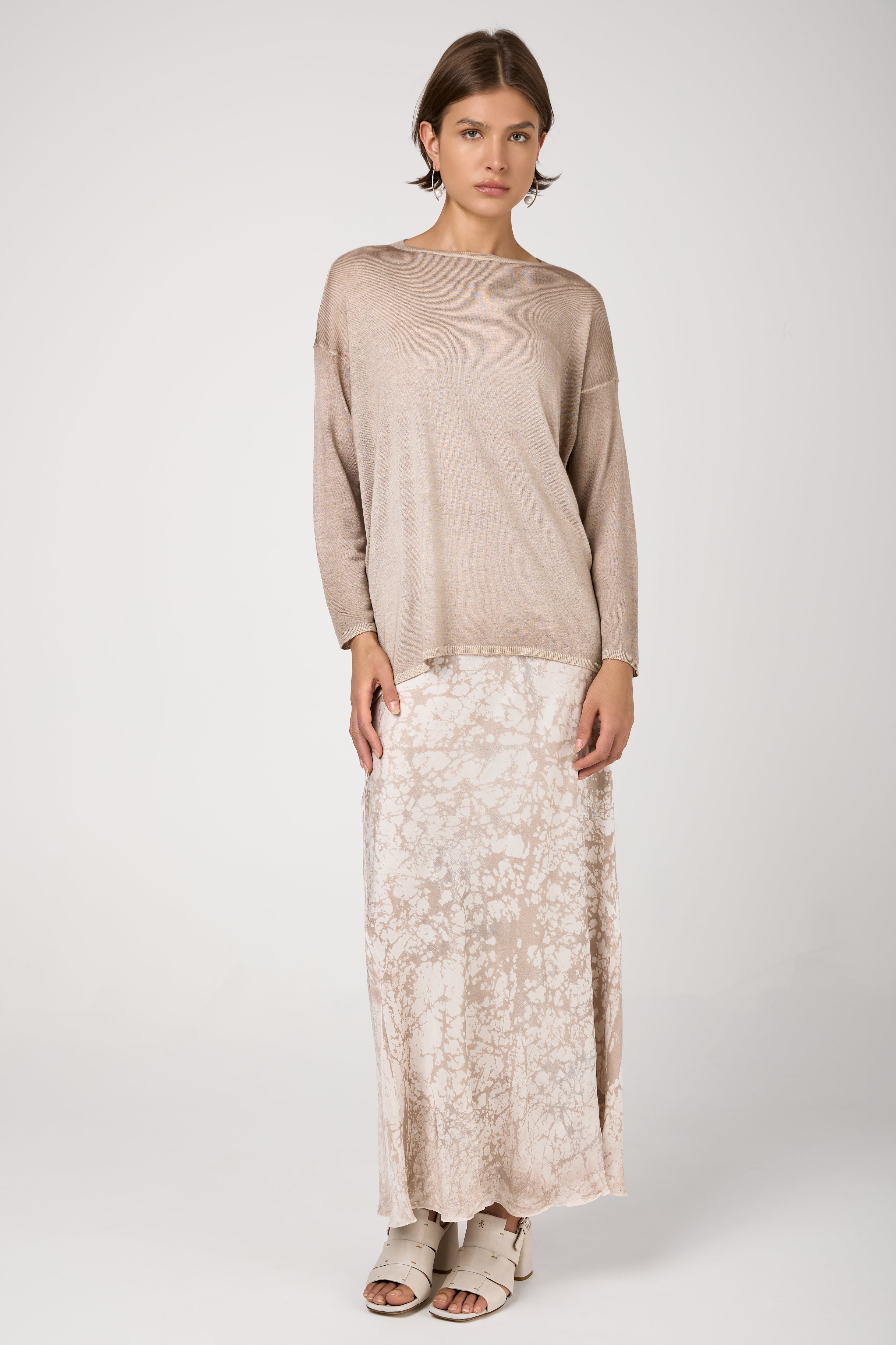 Silk Long Skirt with Lamination in Noce Moscata