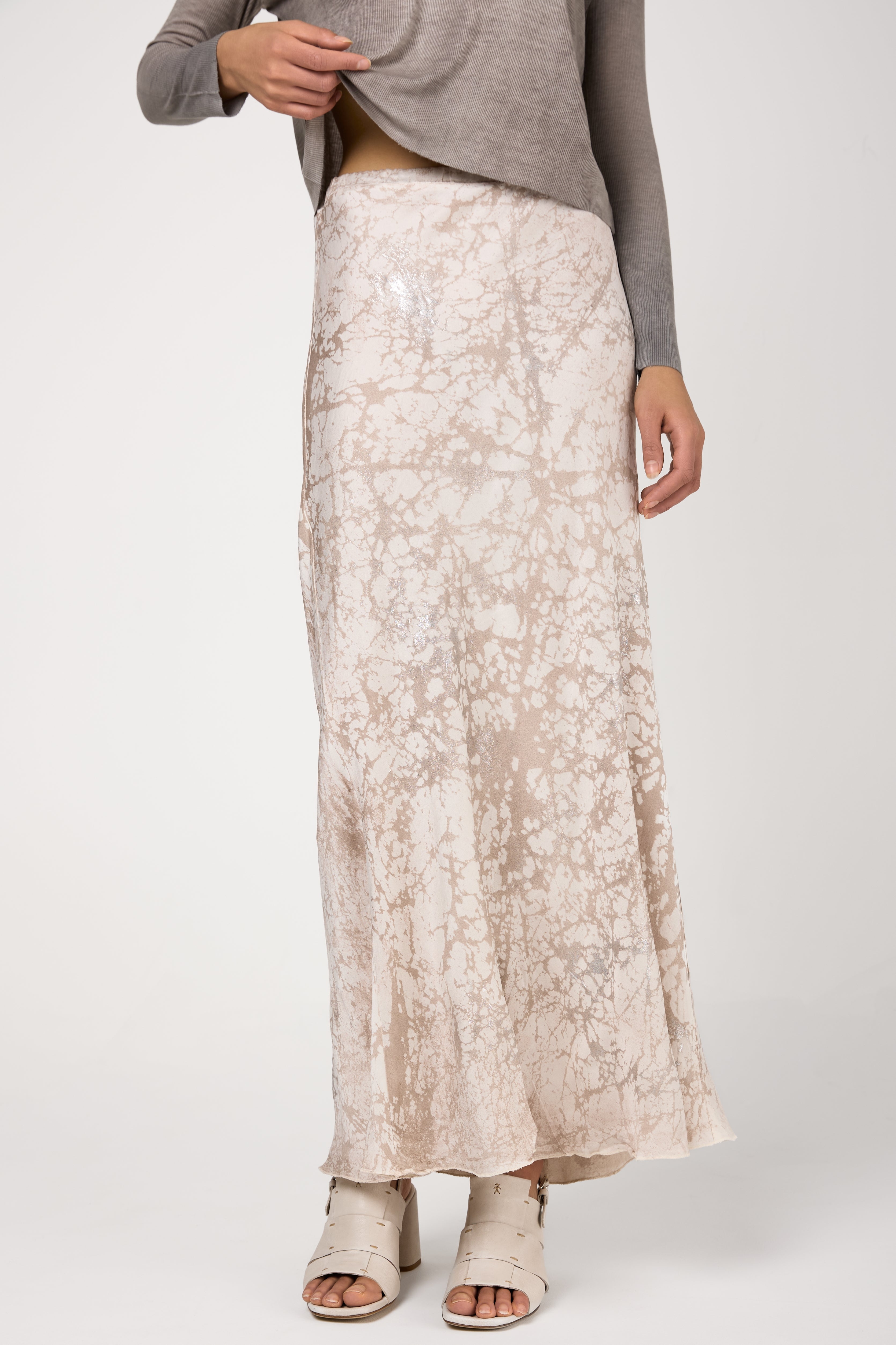 Silk Long Skirt with Lamination in Noce Moscata