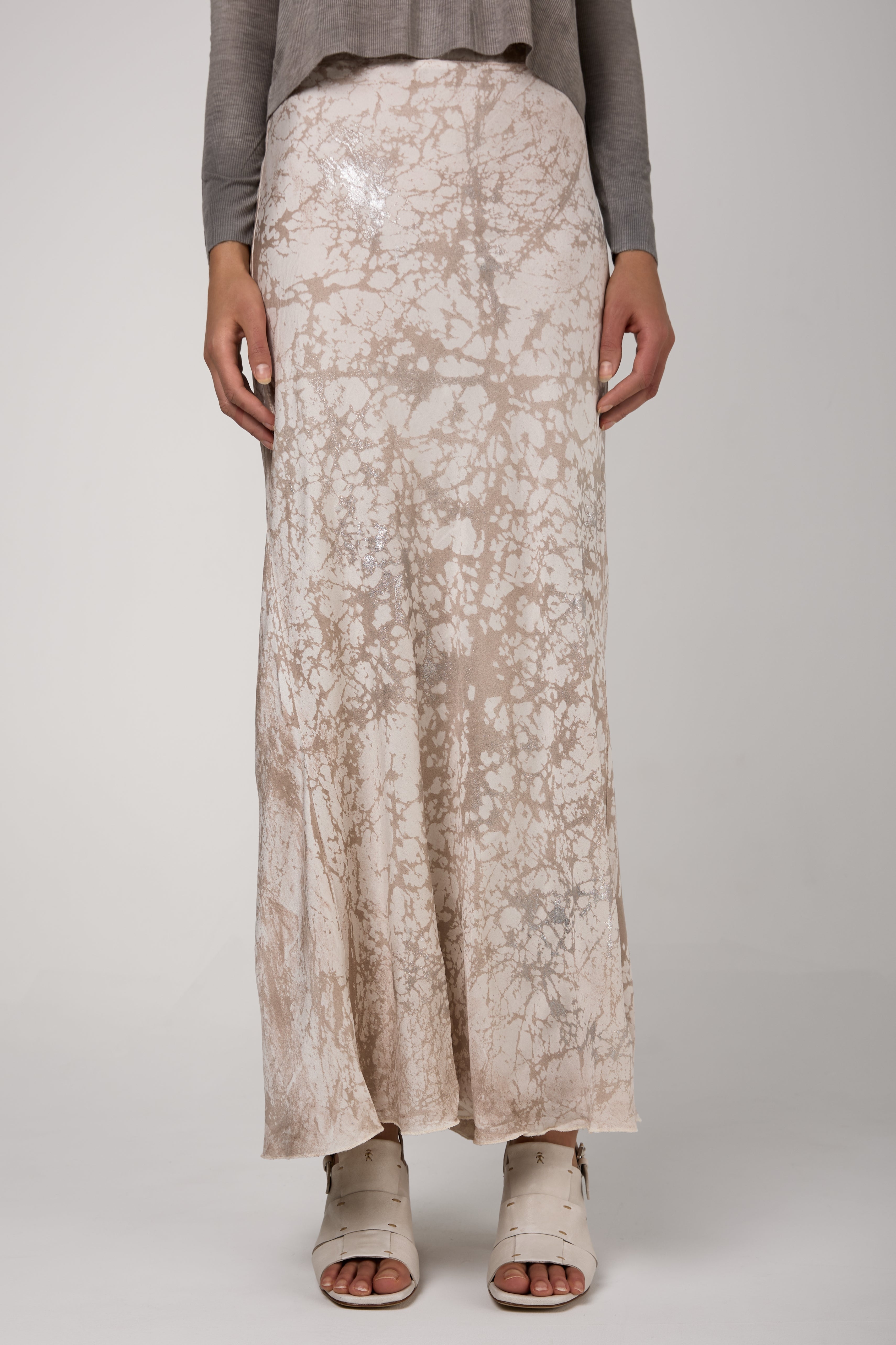 Silk Long Skirt with Lamination in Noce Moscata