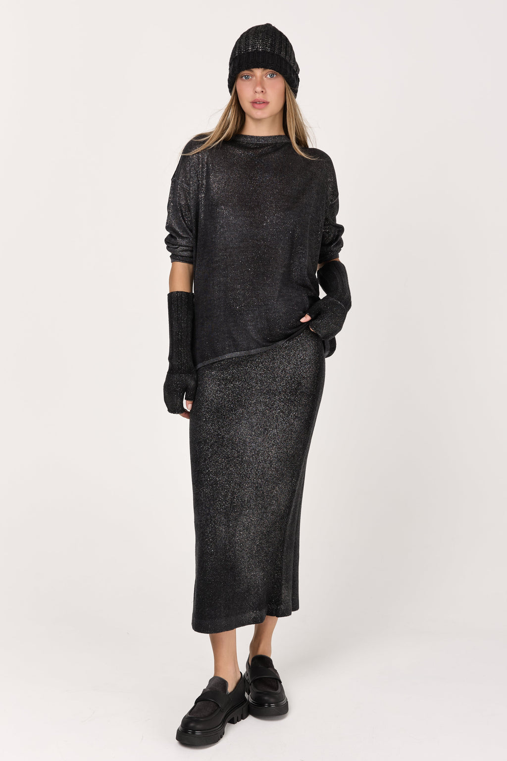 Star Dust Effect Ultralight Cashmere Skirt in Nero