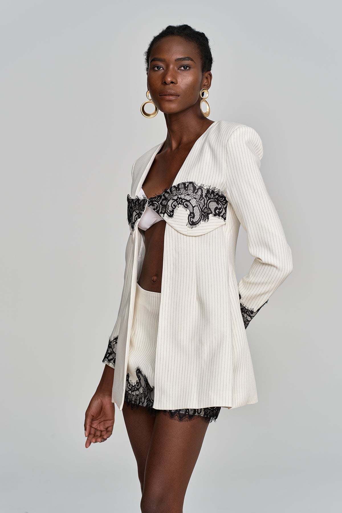 Ahti Lace Plunge Stripe Skirt Set