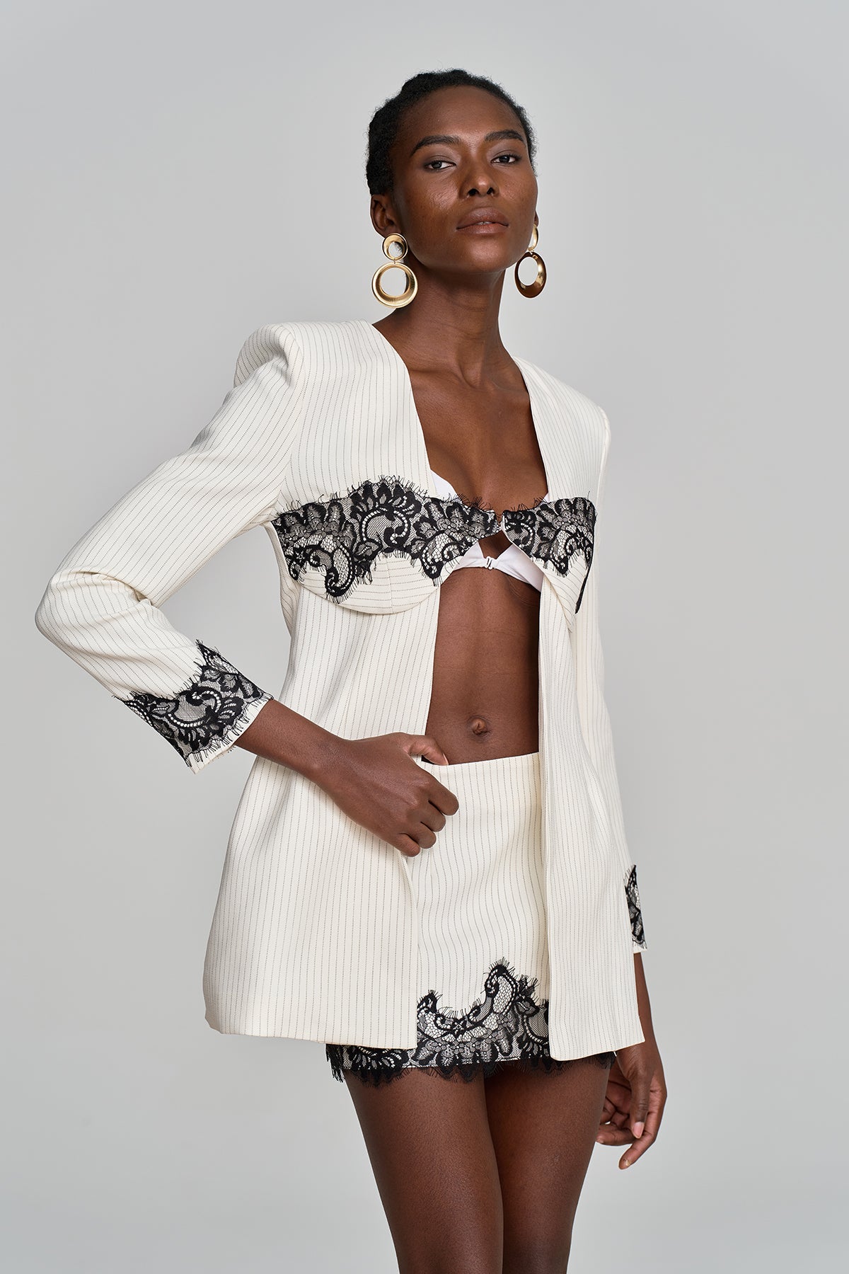 Ahti Lace Plunge Stripe Skirt Set