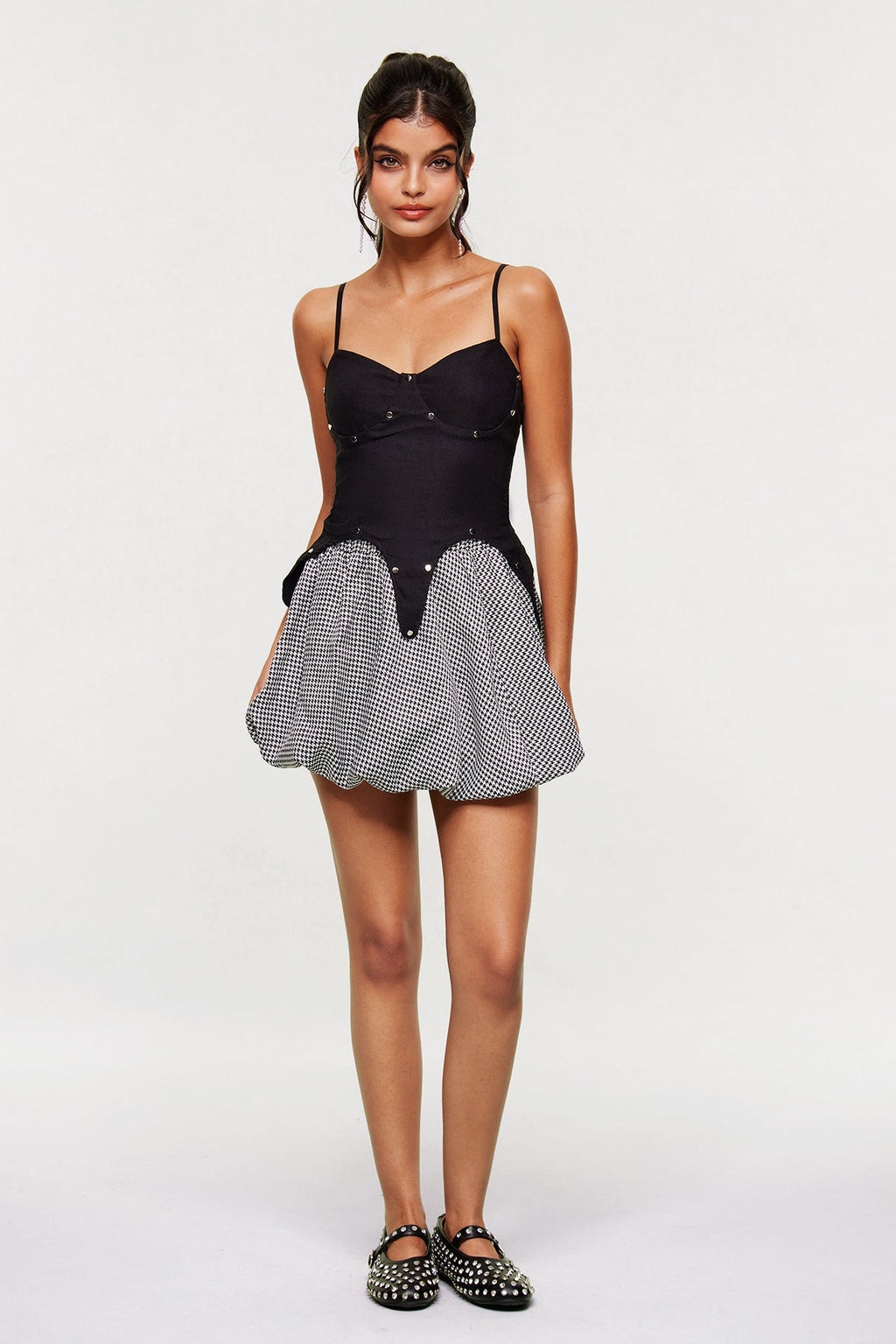 Arabeth Studded Spaghetti Houndstooth Skirt Set