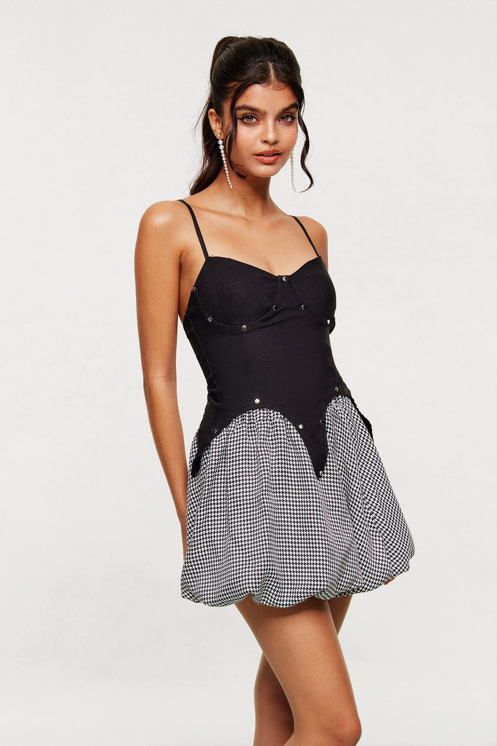 Arabeth Studded Spaghetti Houndstooth Skirt Set