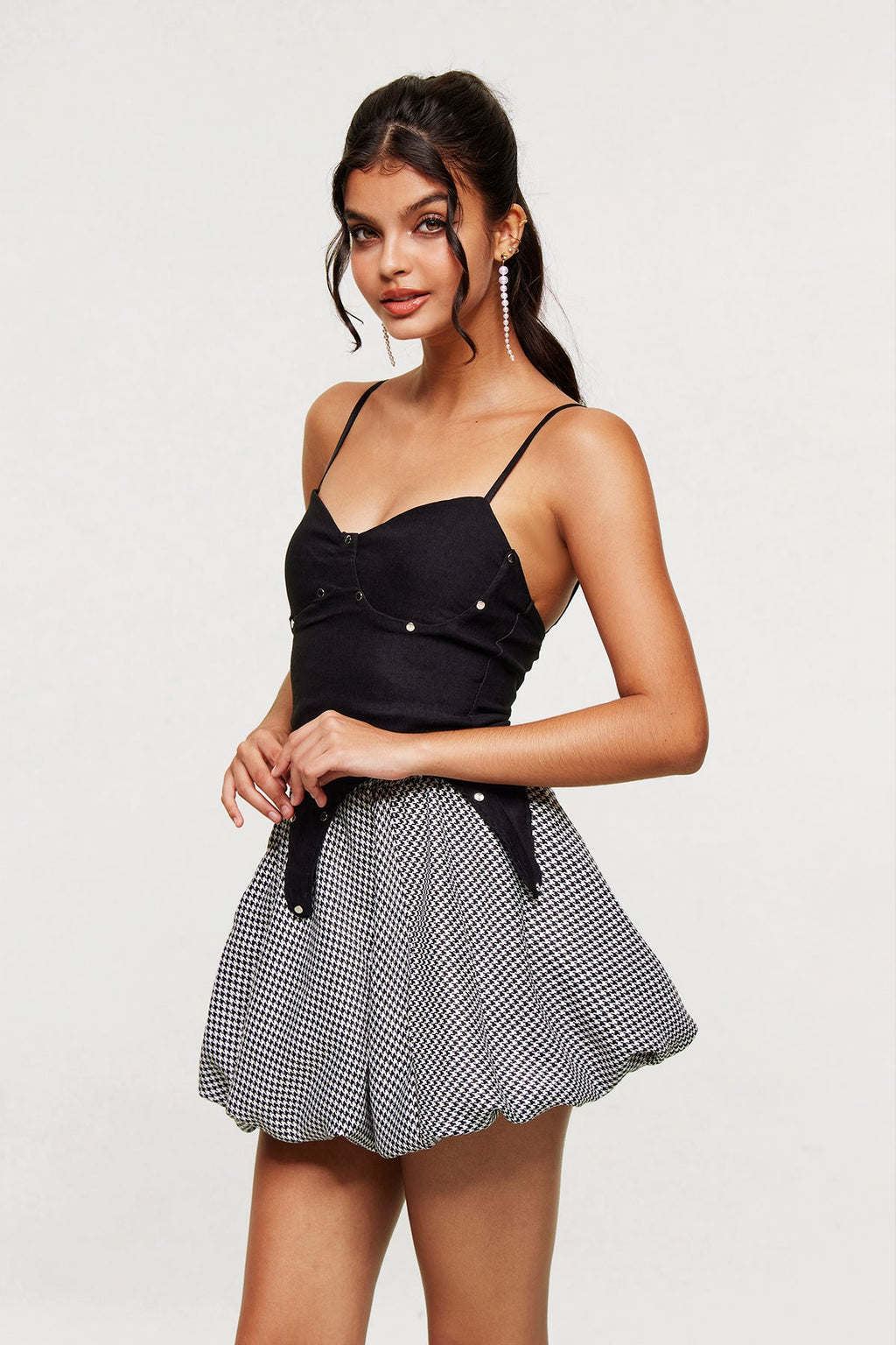 Arabeth Studded Spaghetti Houndstooth Skirt Set