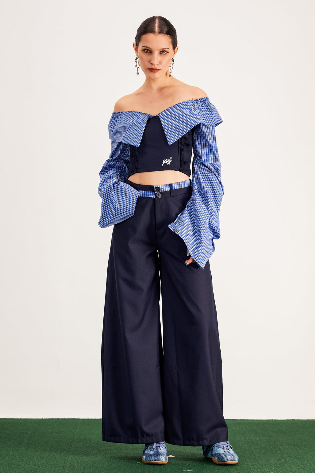 Arden Grid Off Shoulder Pants Set