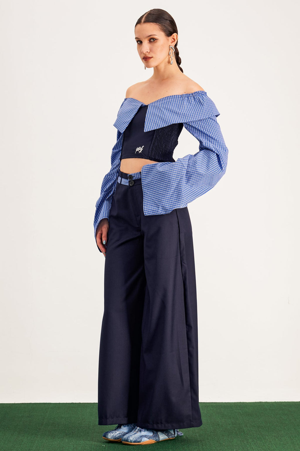 Arden Grid Off Shoulder Pants Set