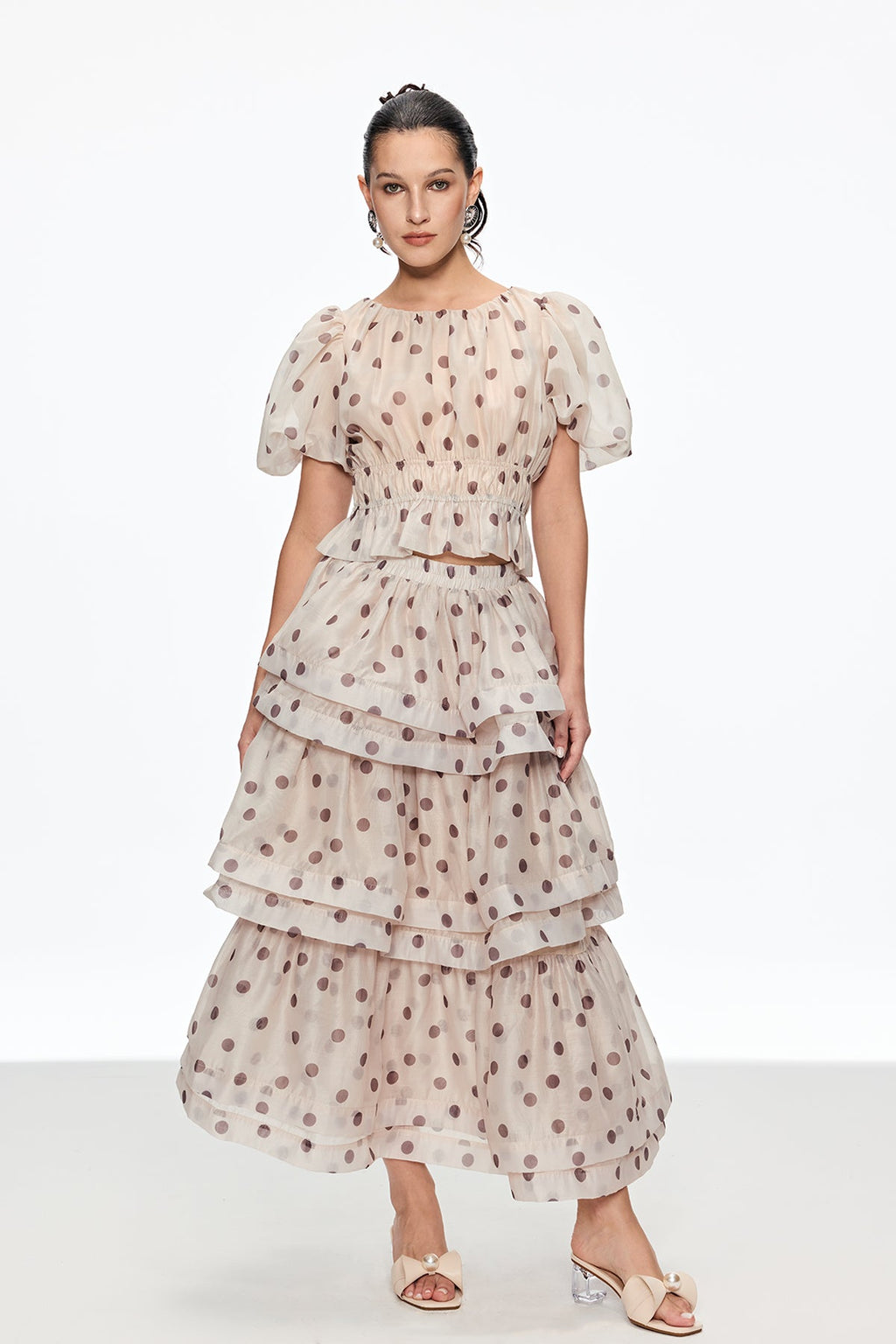 Bartholomei Balloon Sleeve Dot Ruffle Skirt Set