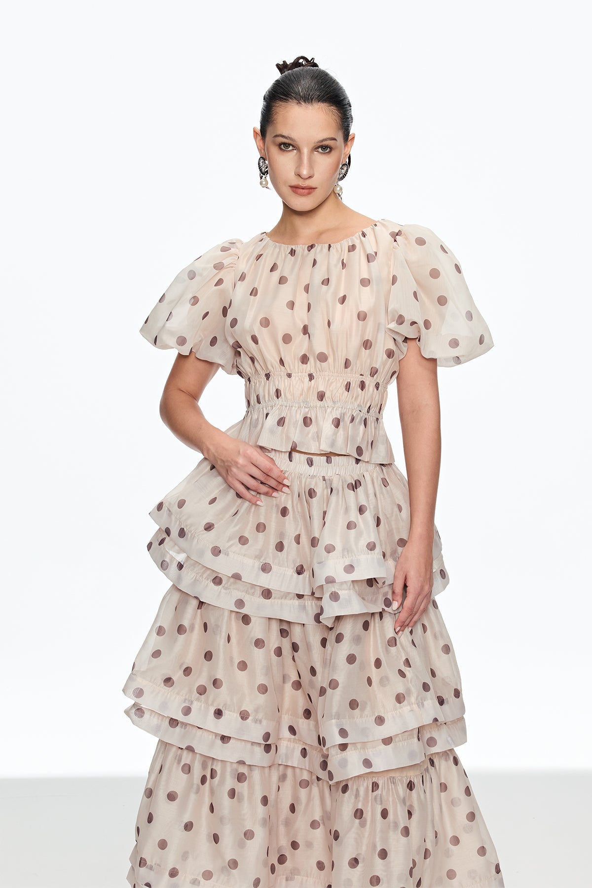 Bartholomei Balloon Sleeve Dot Ruffle Skirt Set