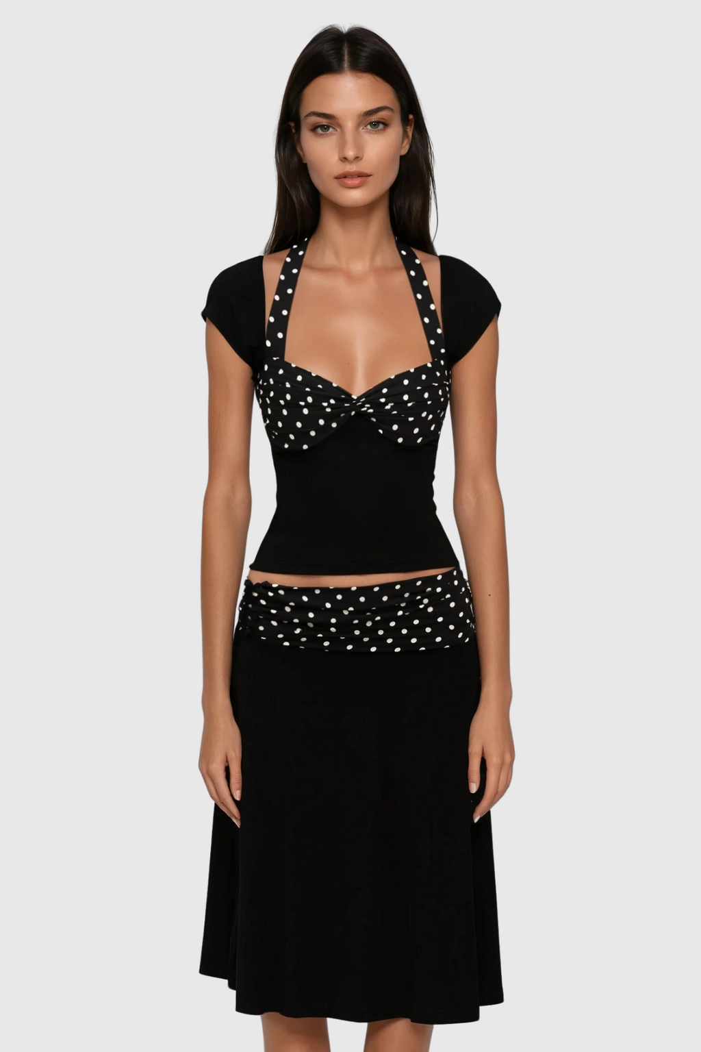 Bastet Dot Halter Neck Ruffle Skirt Set