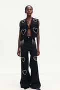 Beat Rhinestone Cutout Love Denim Pants Set