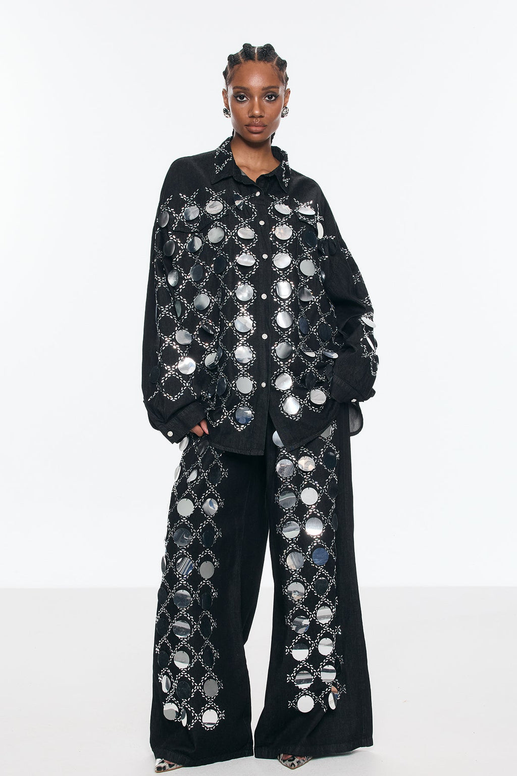 Benoni Sequin Grid Rhinestone Denim Pants Set