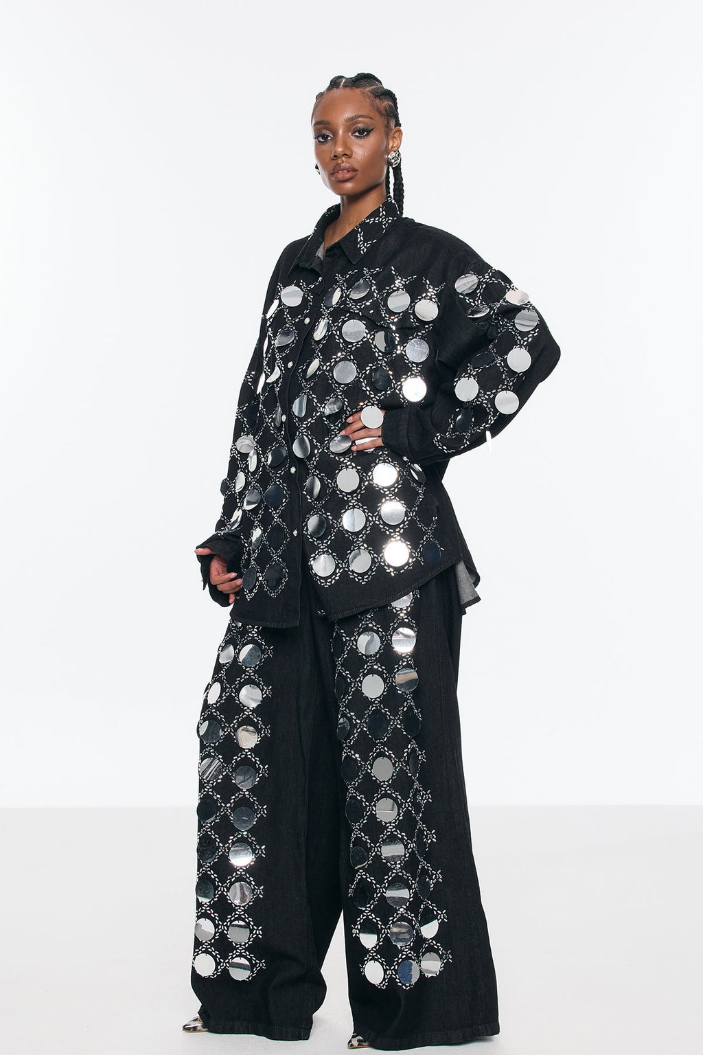 Benoni Sequin Grid Rhinestone Denim Pants Set