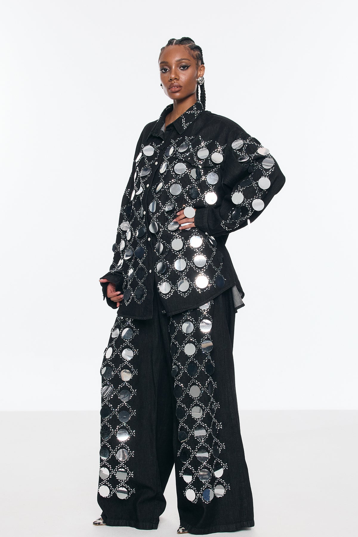 Benoni Sequin Grid Rhinestone Denim Pants Set