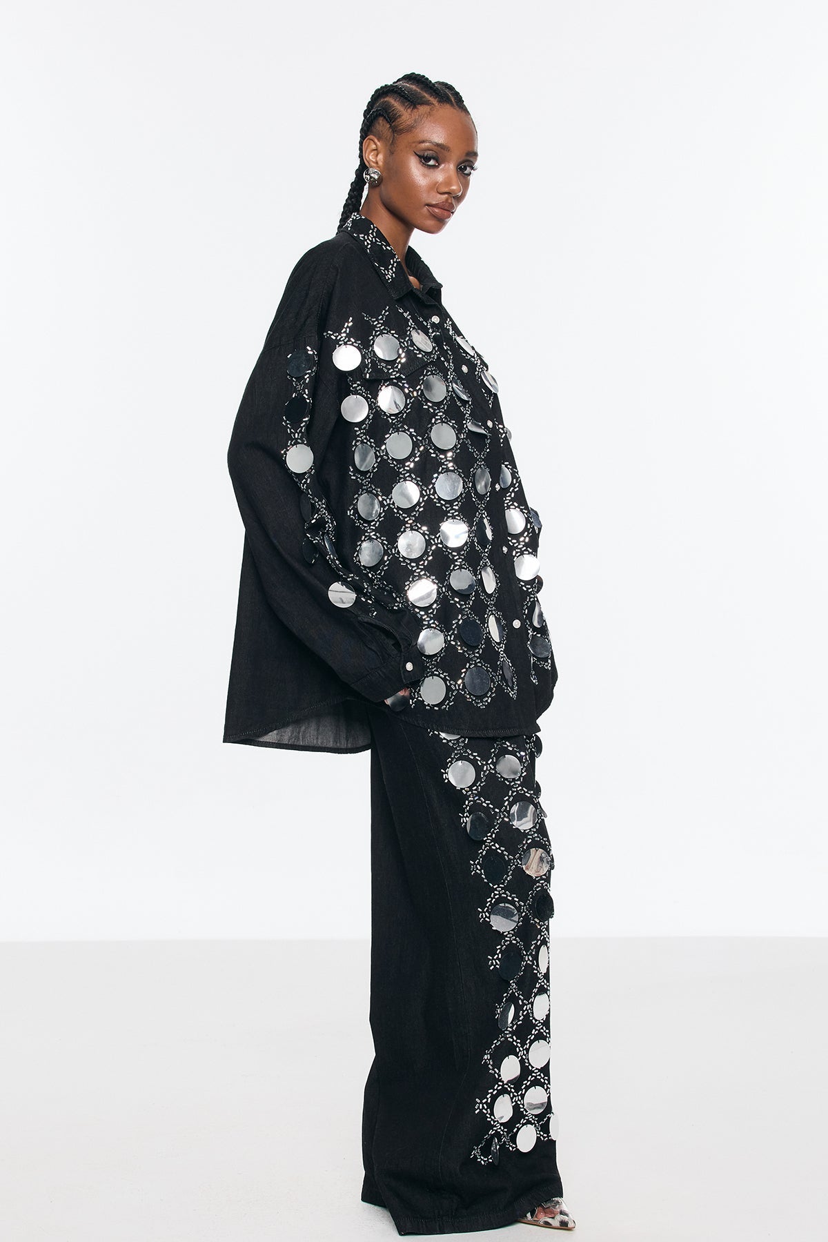 Benoni Sequin Grid Rhinestone Denim Pants Set