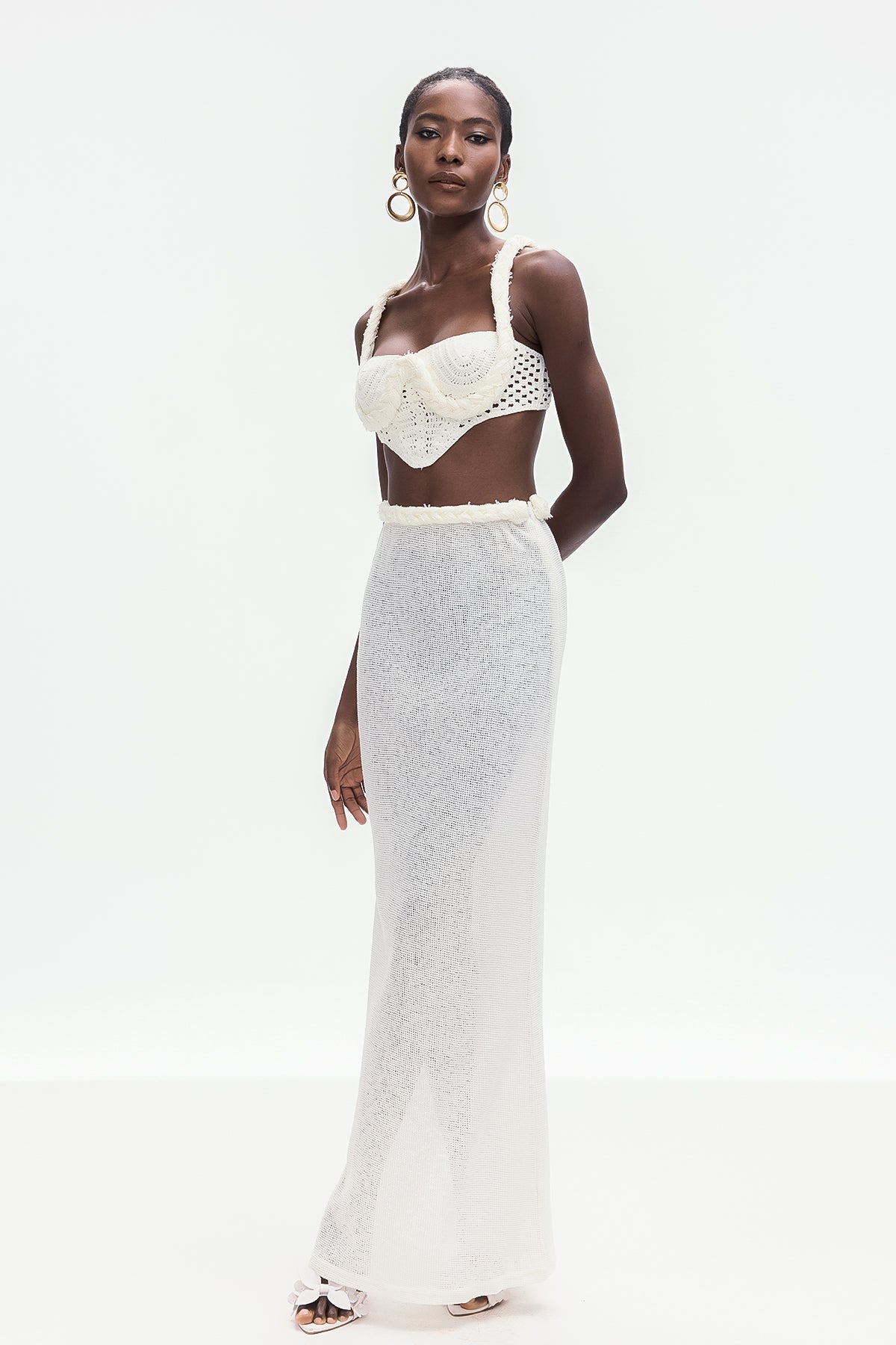 Bogdana Twist Cutout Knit Skirt Set In White