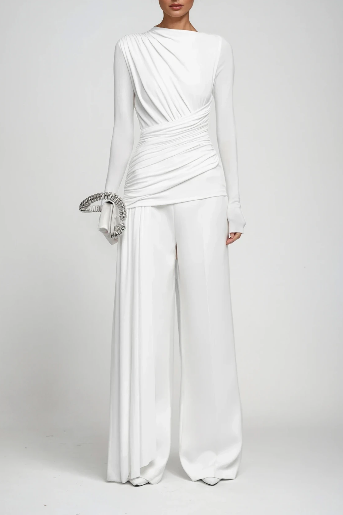 Cabdirashiid Ruch Asymmetric Fringe Pants Set In White