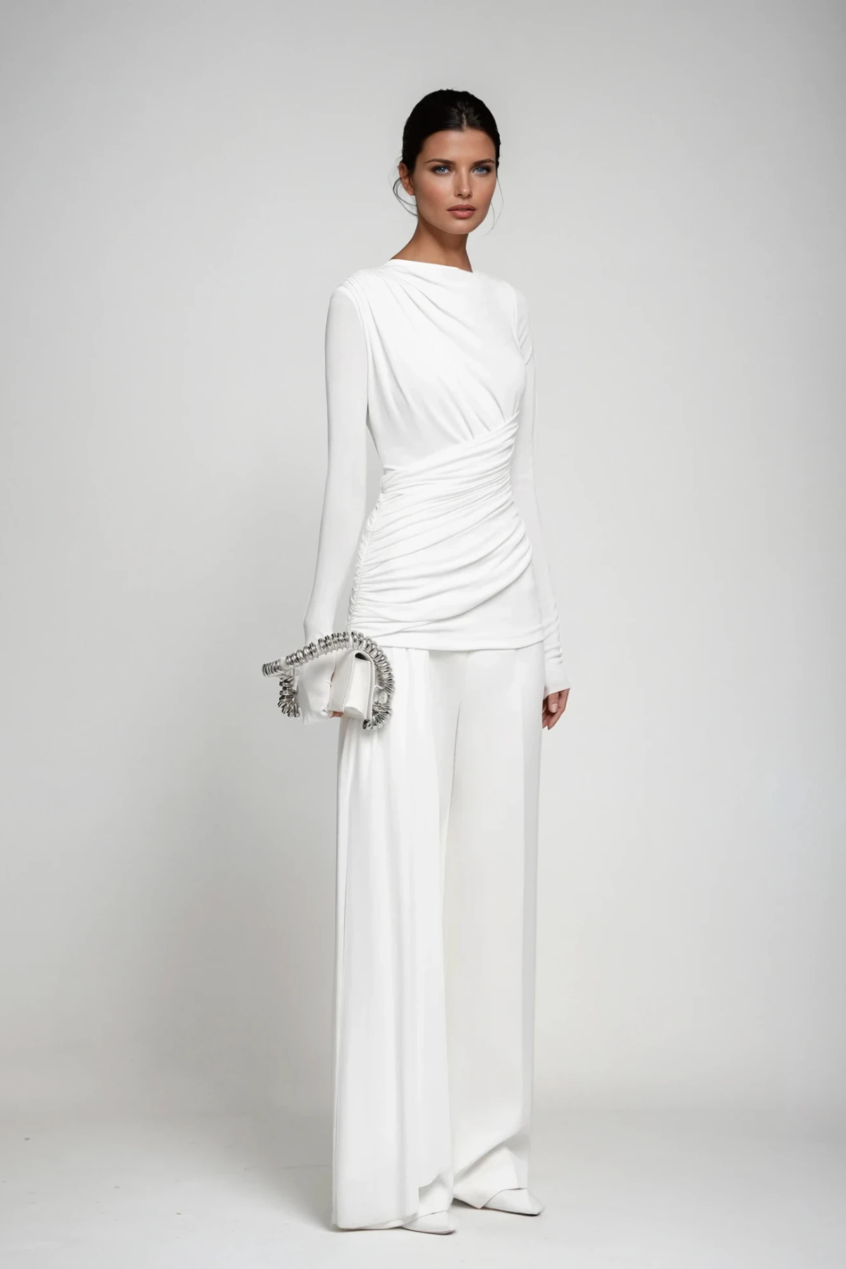 Cabdirashiid Ruch Asymmetric Fringe Pants Set In White