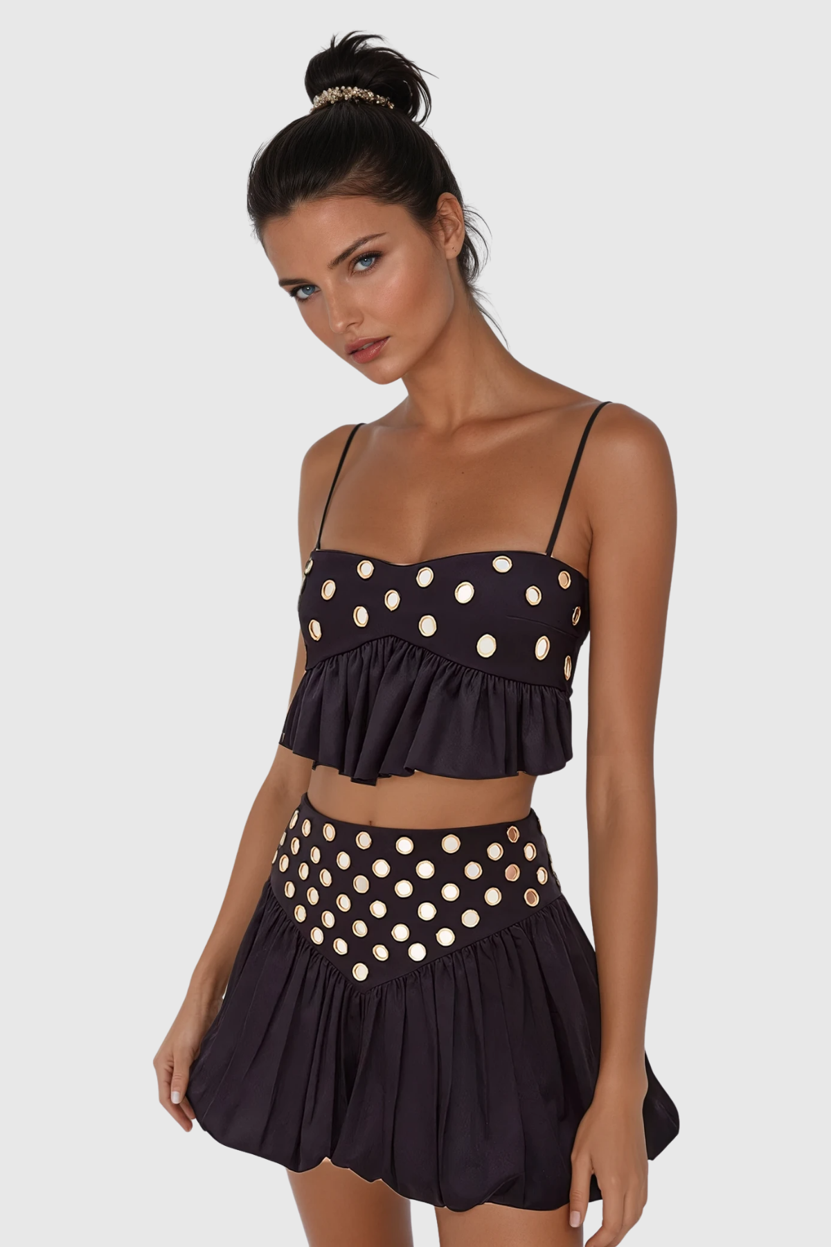 Calogera Cutout Embellished Ruch Skirt Set In Black