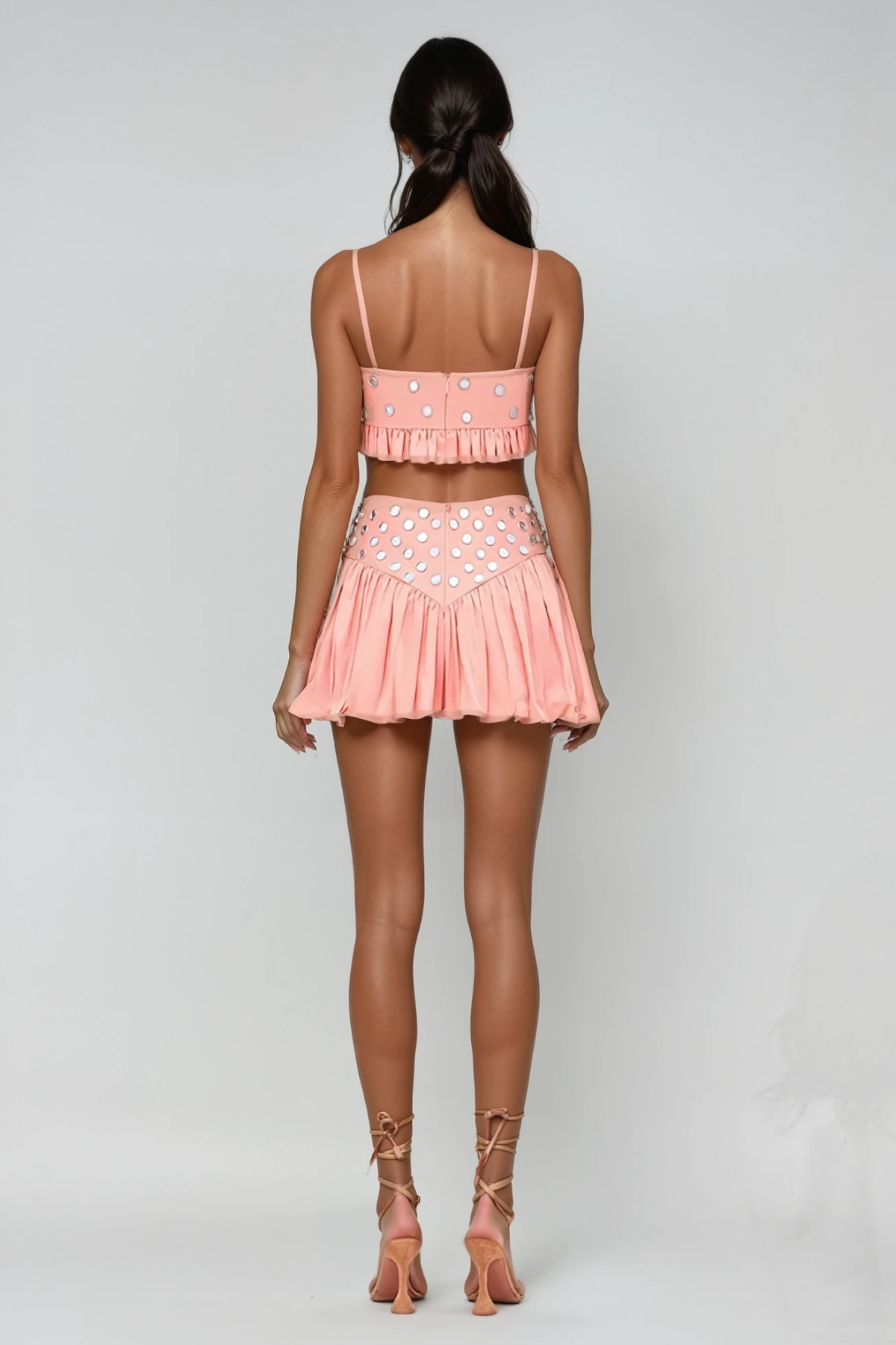 Calogera Cutout Embellished Ruch Skirt Set In Pink