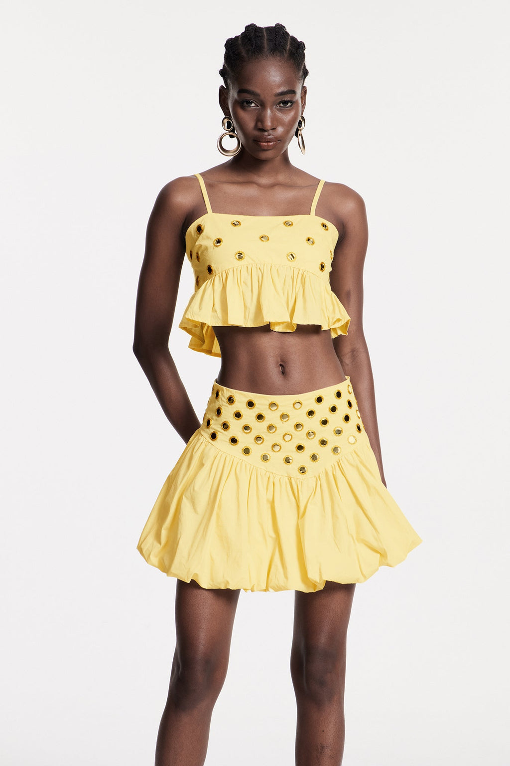 Calogera Cutout Embellished Ruch Skirt Set In Yellow