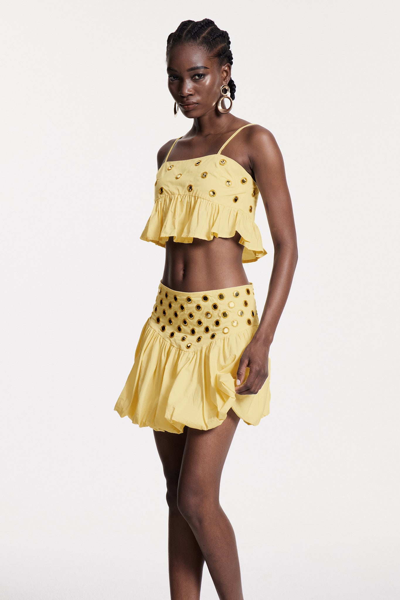 Calogera Cutout Embellished Ruch Skirt Set In Yellow