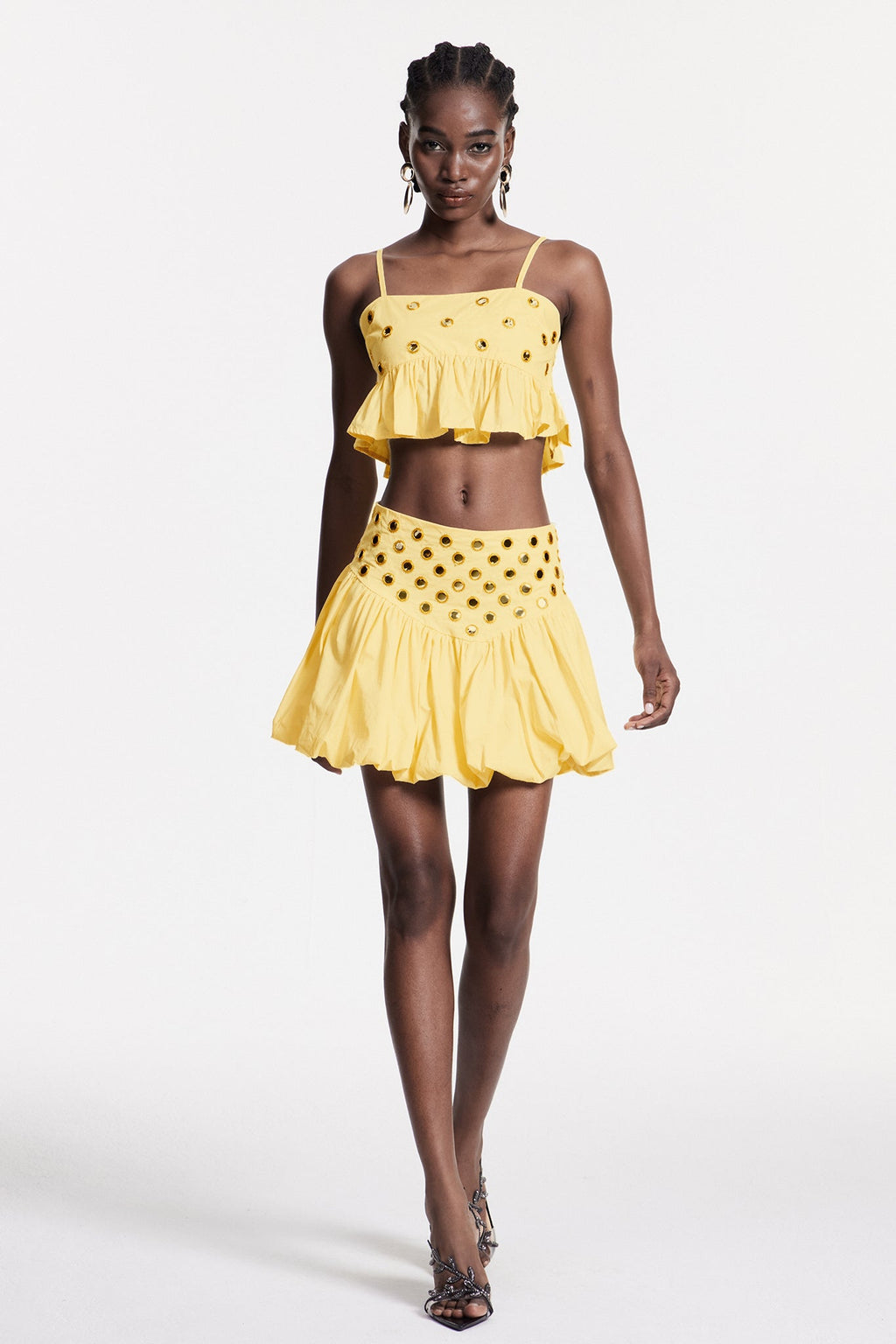 Calogera Cutout Embellished Ruch Skirt Set In Yellow
