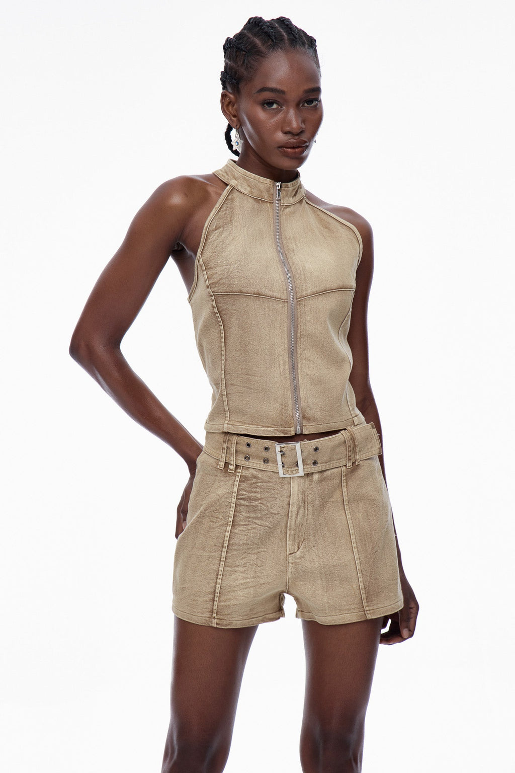 Caramia Sleeveless Buckle Denim Pants Set