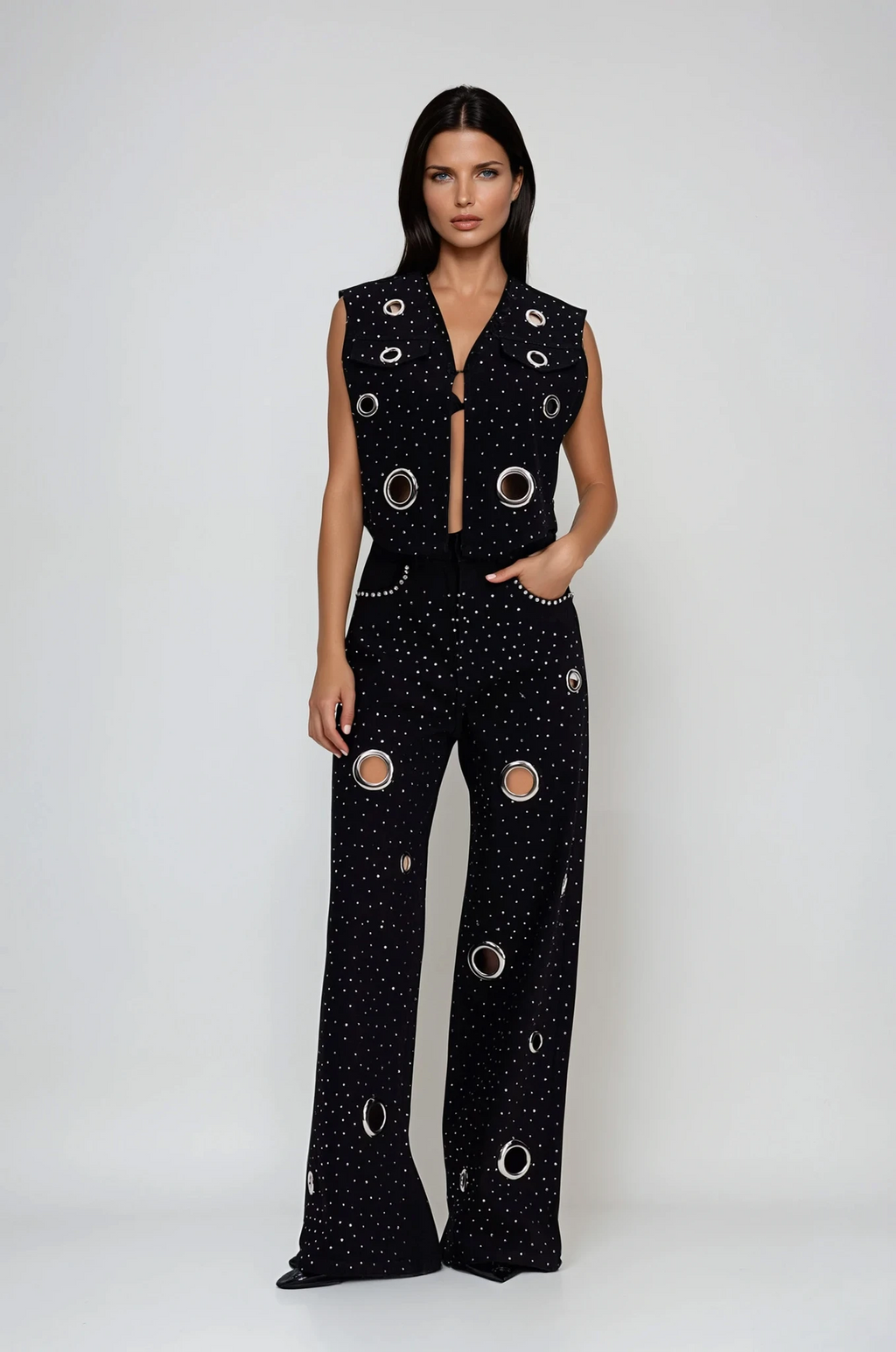 Chet Embellished Cutout Denim Pants Set