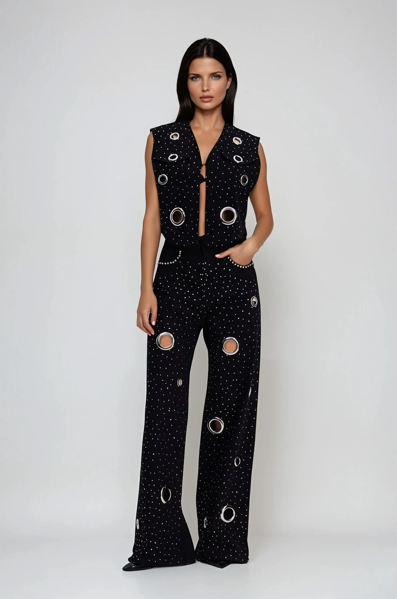 Chet Embellished Cutout Denim Pants Set