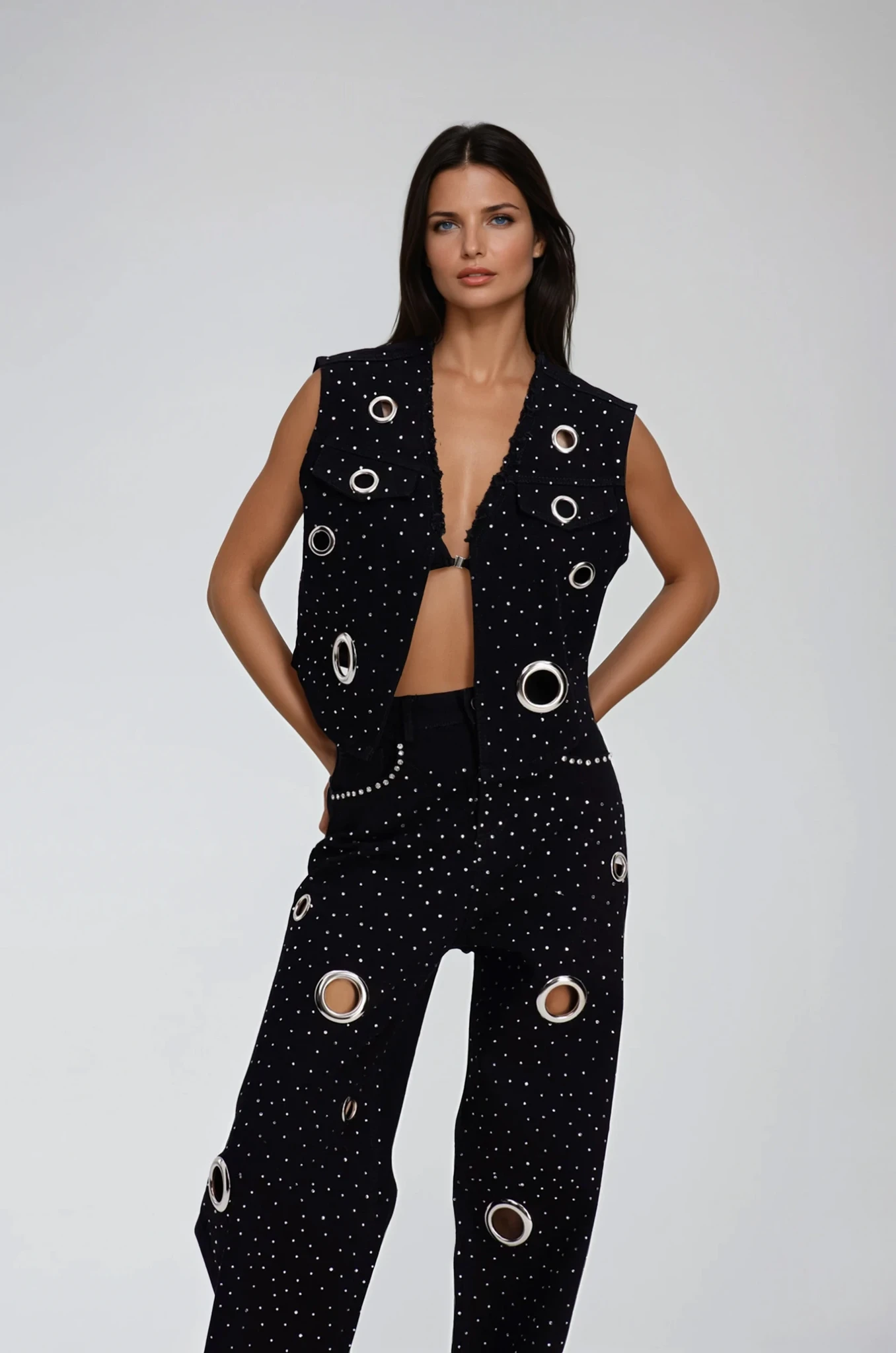 Chet Embellished Cutout Denim Pants Set