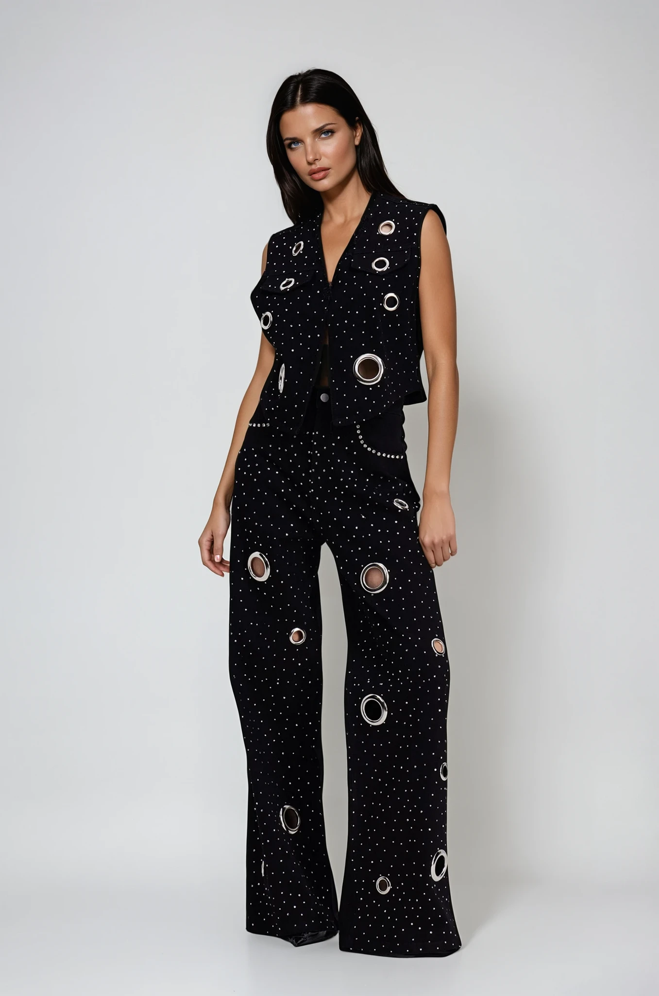 Chet Embellished Cutout Denim Pants Set