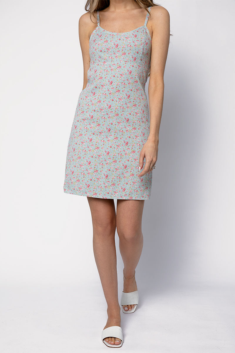 Empire Waist Mini Dress in Light Blue Rose