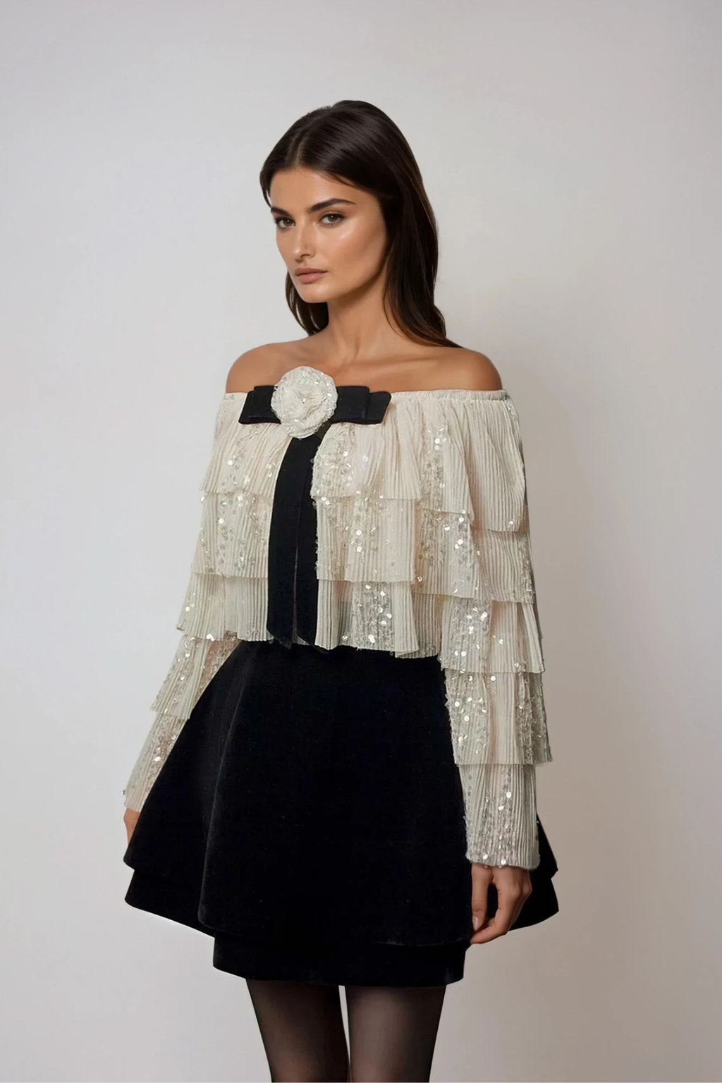 Daris Flower Ruffle Sequin Skirt Set