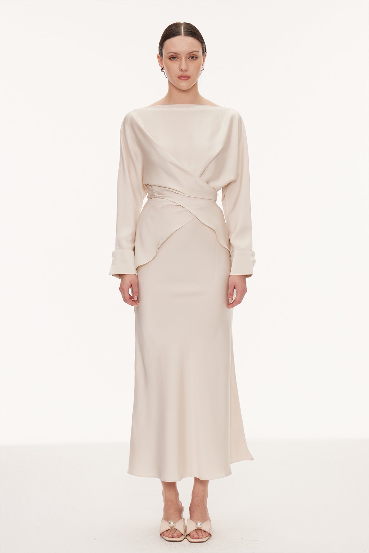 Diamantina Long Sleeve Ruch Skirt Set In White