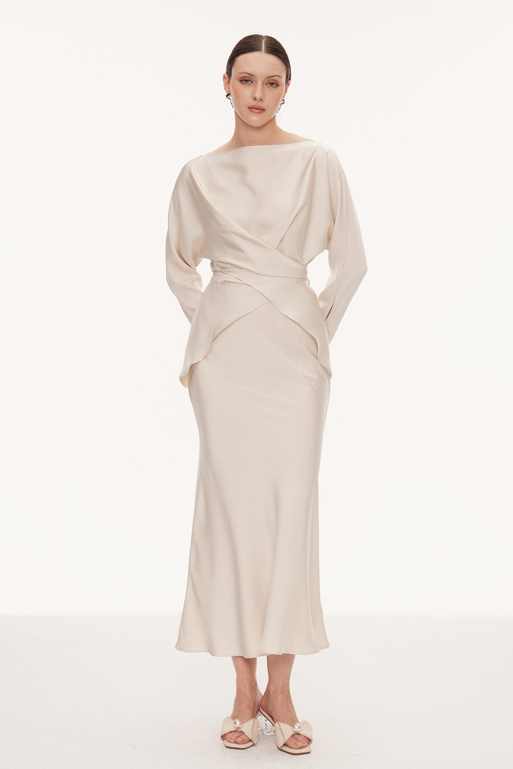 Diamantina Long Sleeve Ruch Skirt Set In White