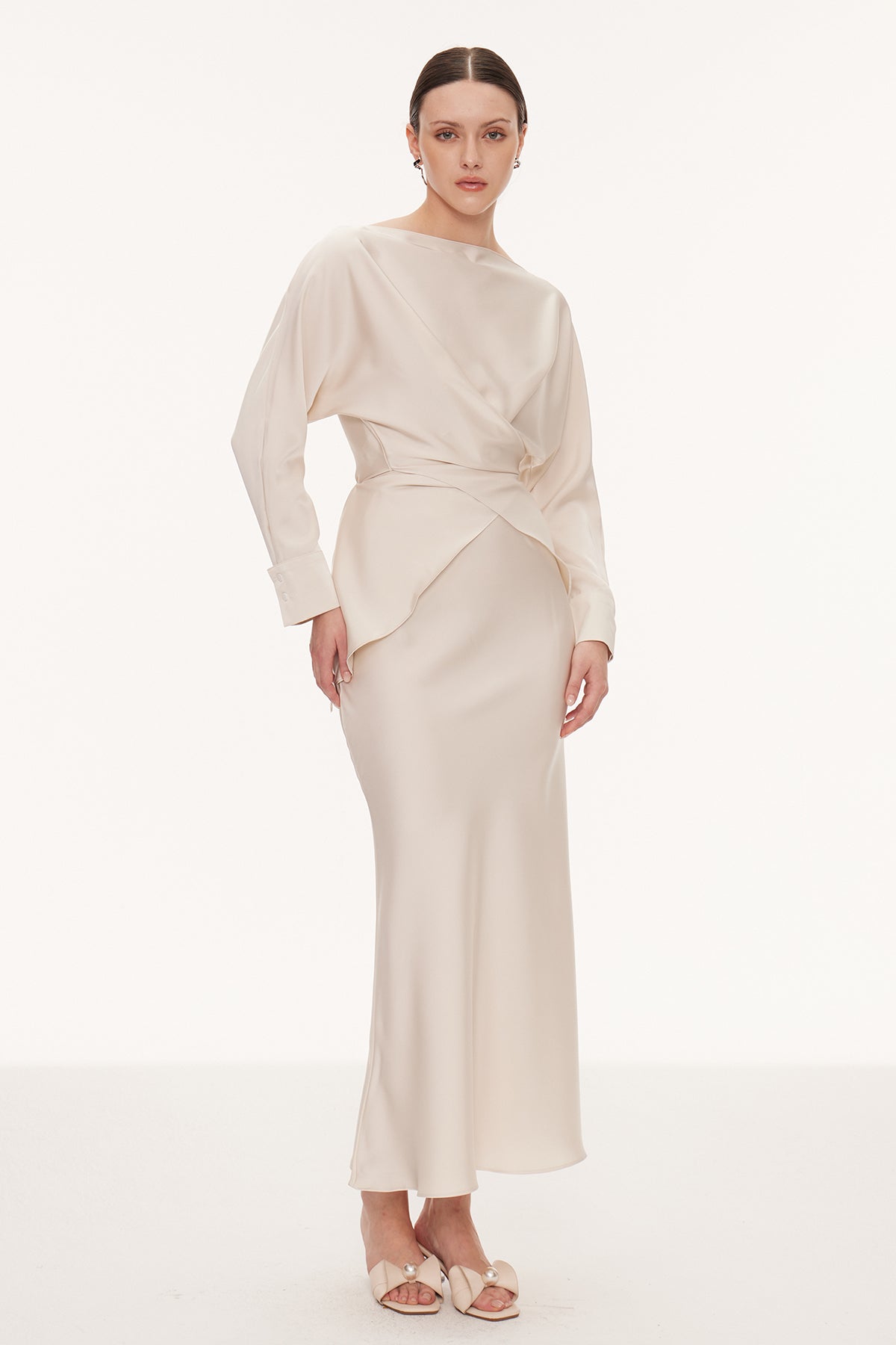 Diamantina Long Sleeve Ruch Skirt Set In White