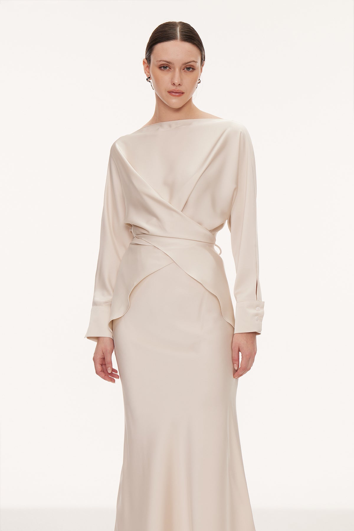 Diamantina Long Sleeve Ruch Skirt Set In White