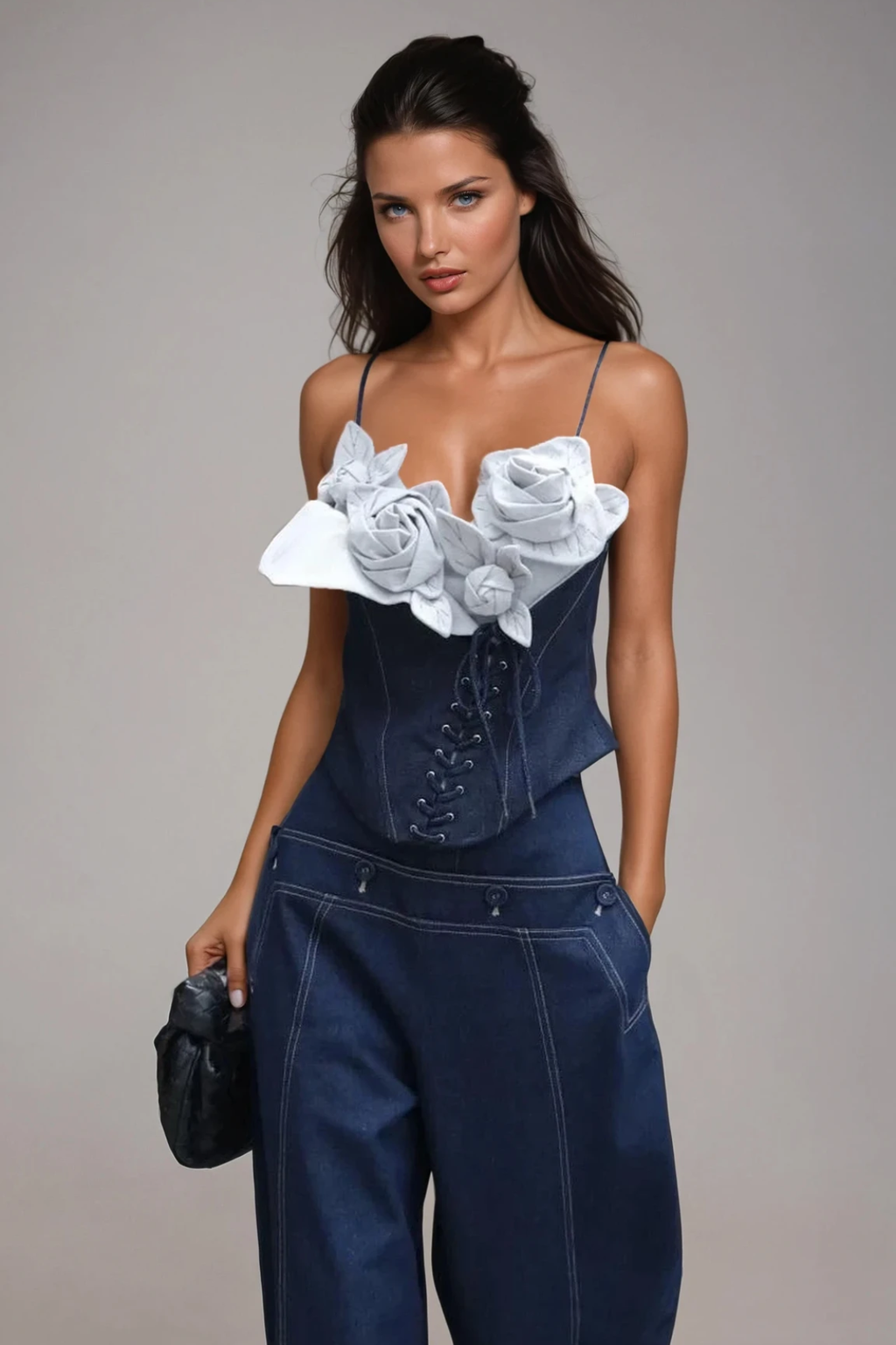 Diodoros Flower Lace Up Denim Pants Set
