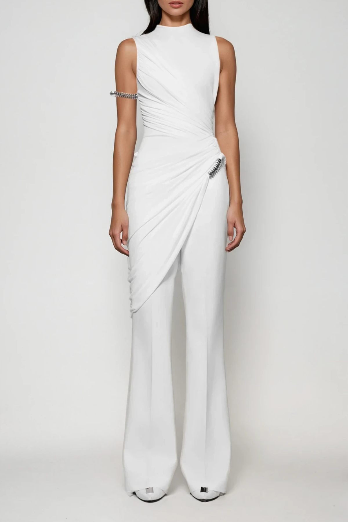 Dirce Ruch Bodycon Asymmetric Pants Set In White