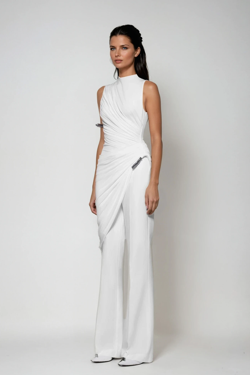Dirce Ruch Bodycon Asymmetric Pants Set In White
