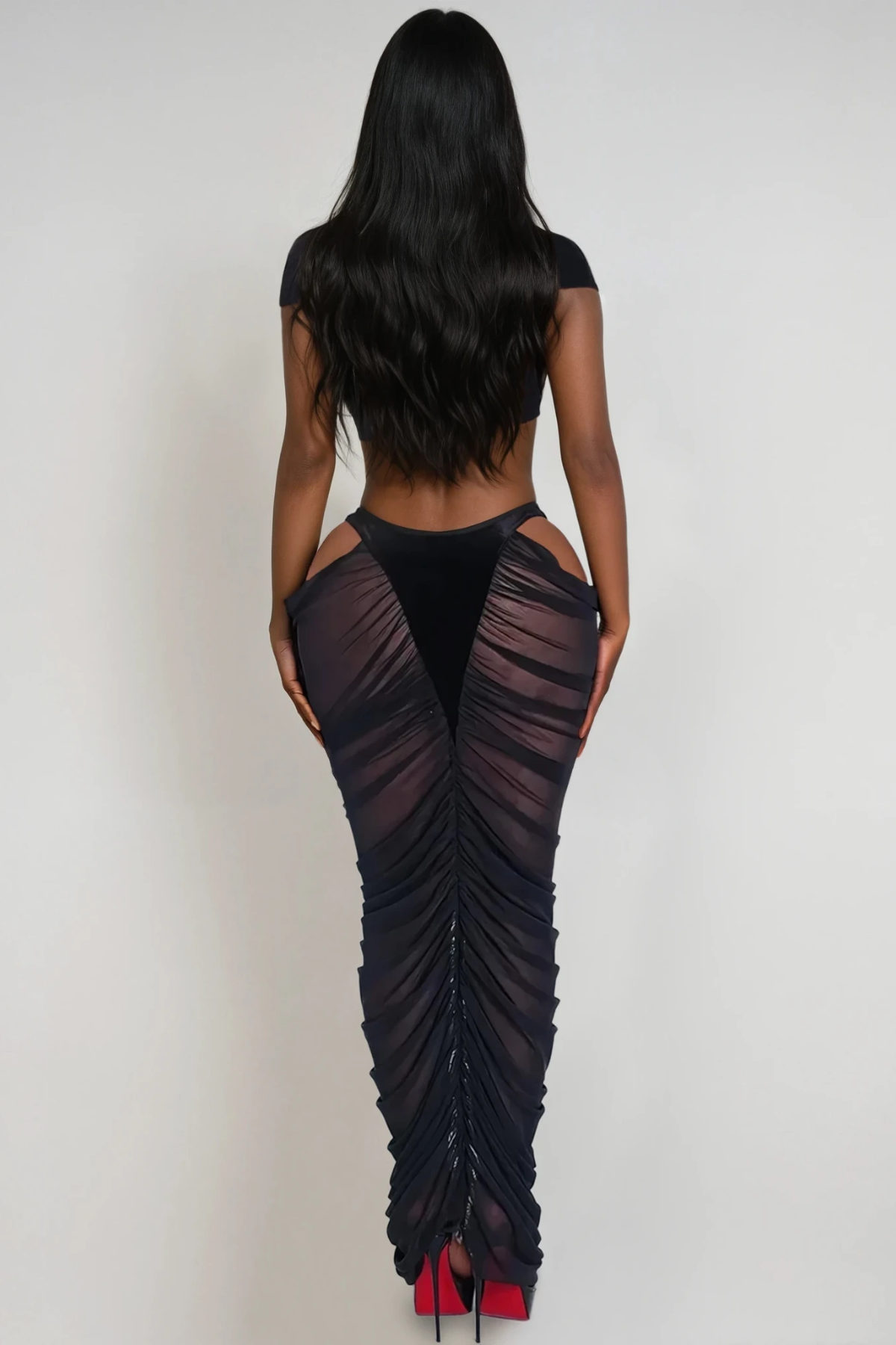 Dobri Crop Cutout Mesh Skirt Set In Black