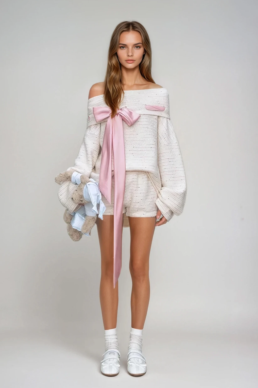 Domitius Bow Knit Pants Set In Beige