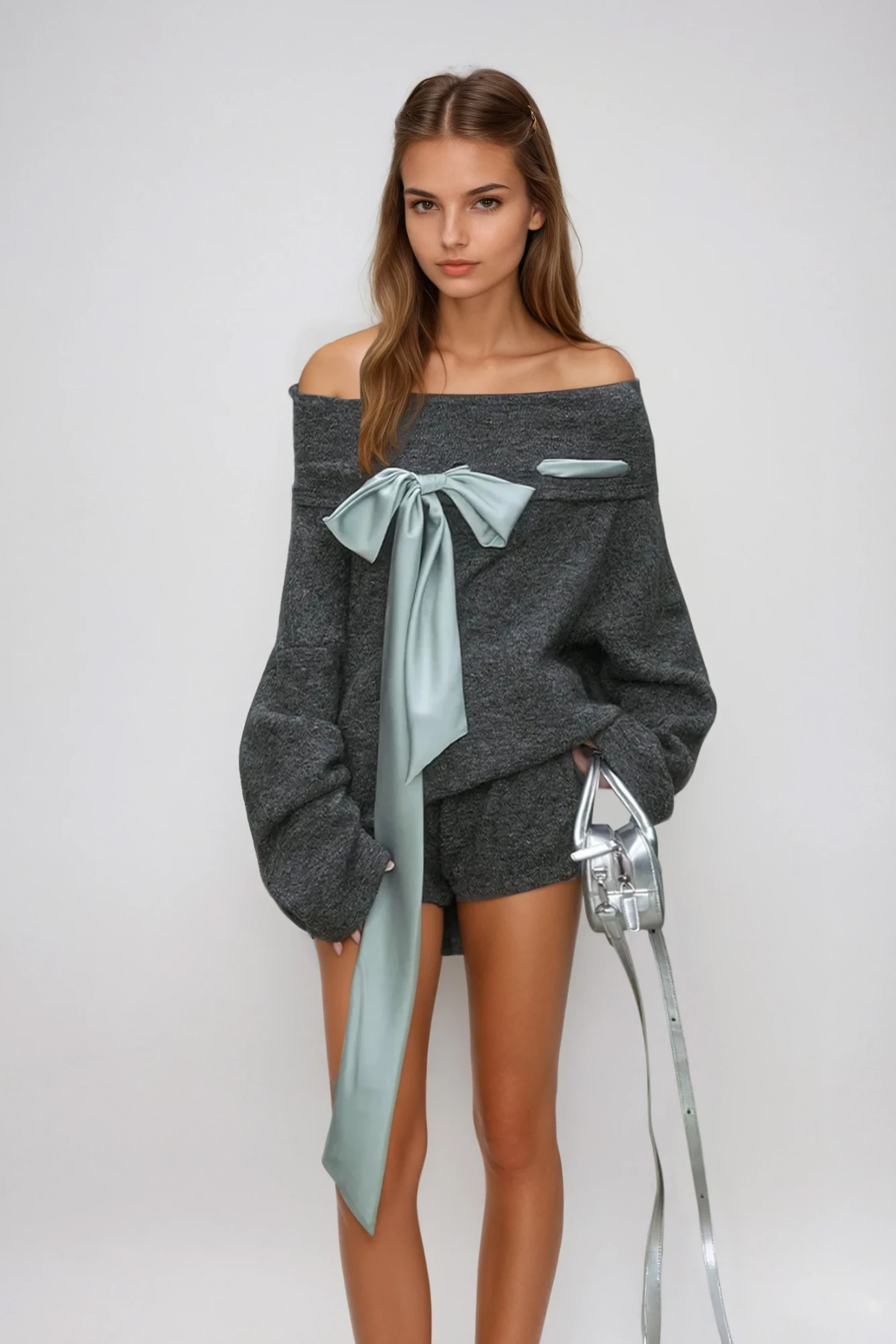 Domitius Bow Knit Pants Set In Grey