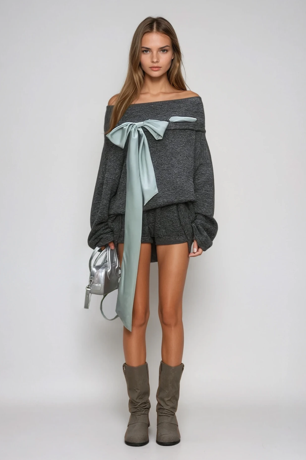 Domitius Bow Knit Pants Set In Grey